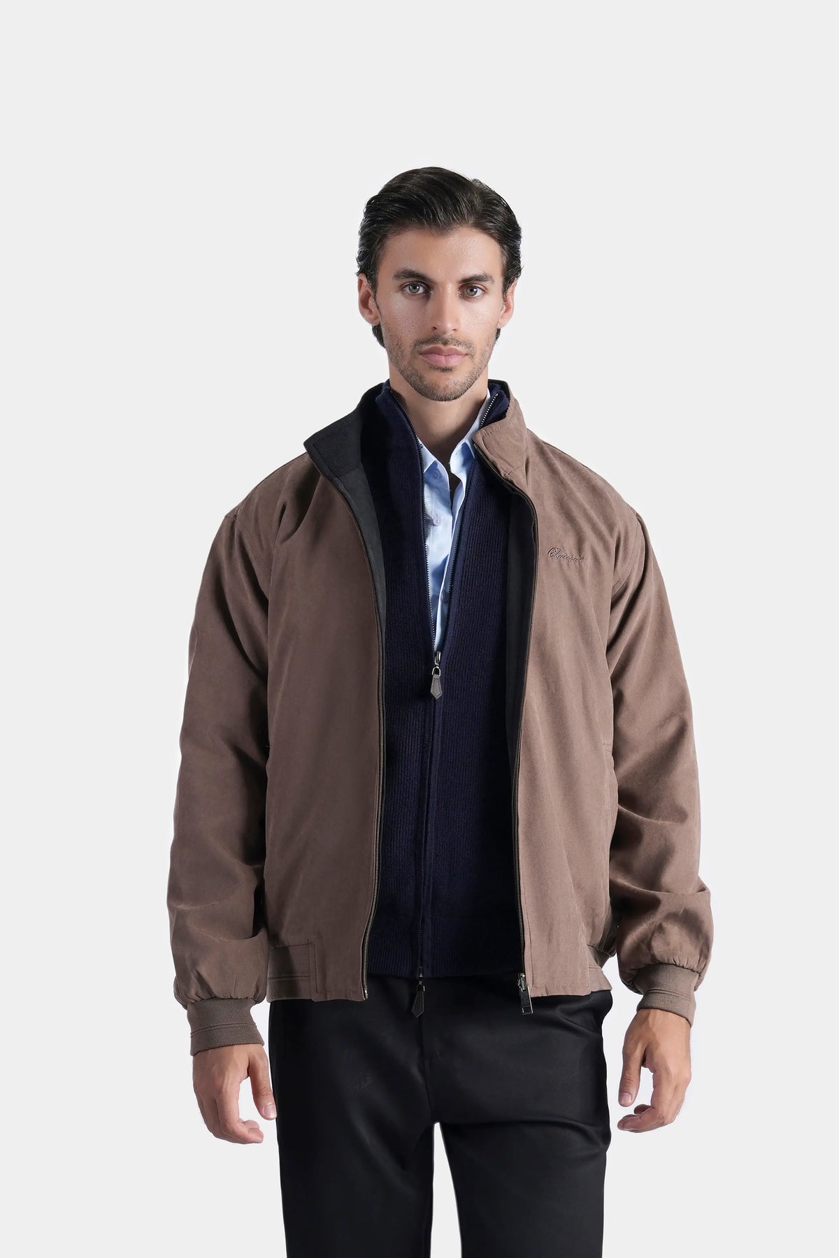 Reversible full-sleeve zip jacket, light brown outer with ribbed cuffs