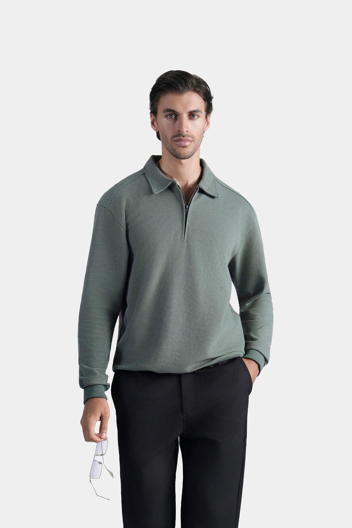 Smart Fit full-sleeve zip polo shirt, muted green collared top
