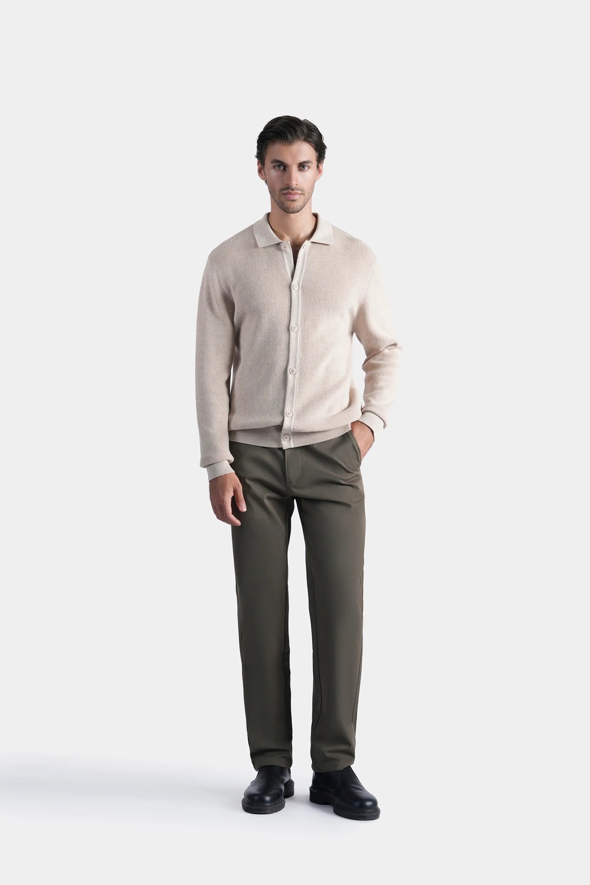 Beige knitted long-sleeve cardigan with button front and standing collar