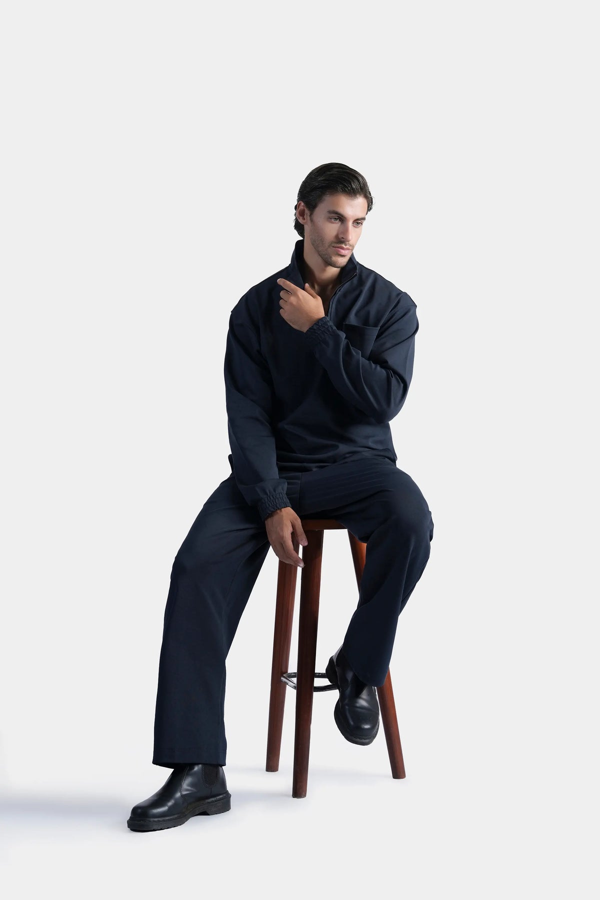 Navy relaxed fit scuba trousers, straight leg design with elastic waist.