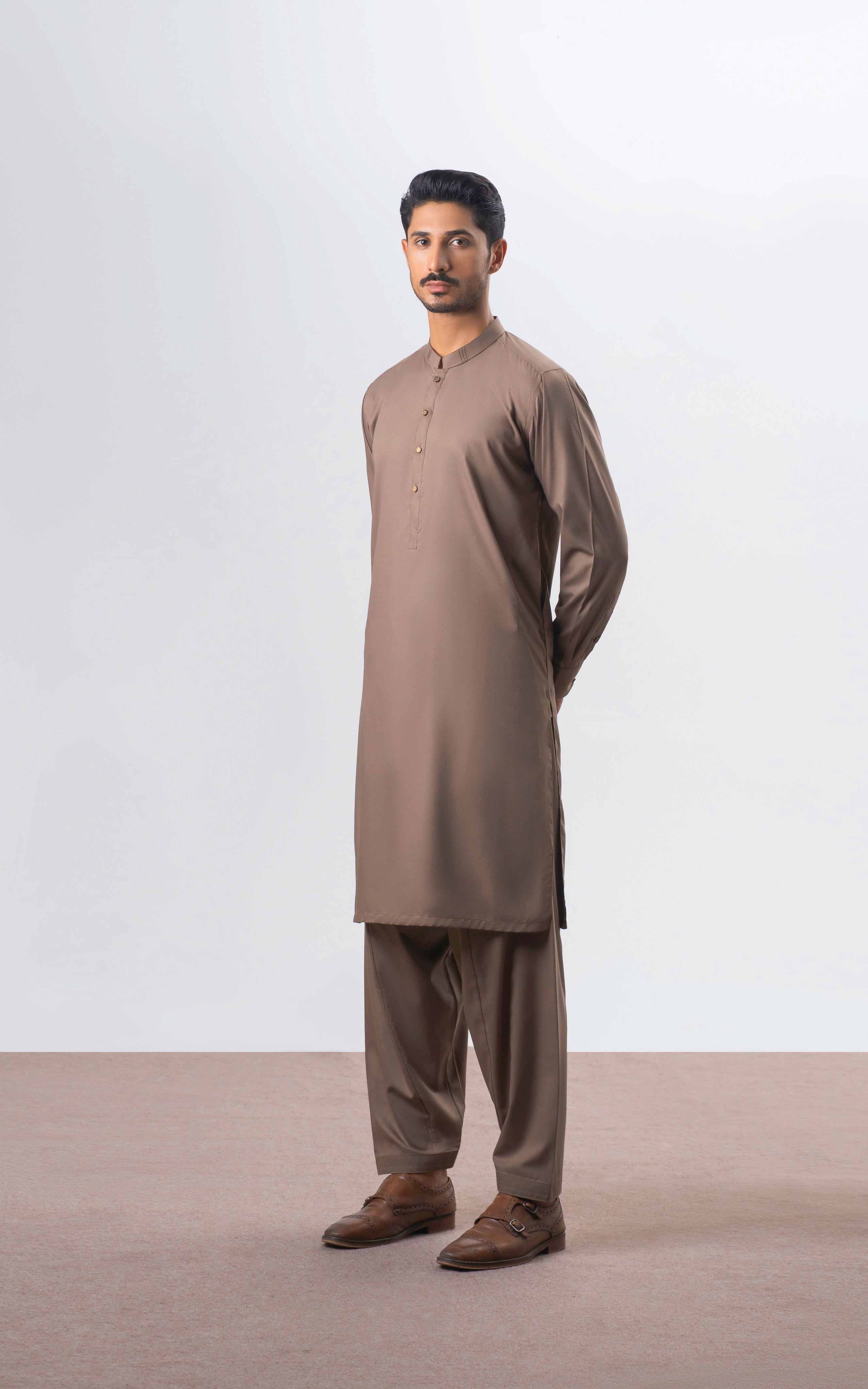 TEXTURED BLENDED KAMEEZ SHALWAR | SIGNATURE COLLECTION KHAKI