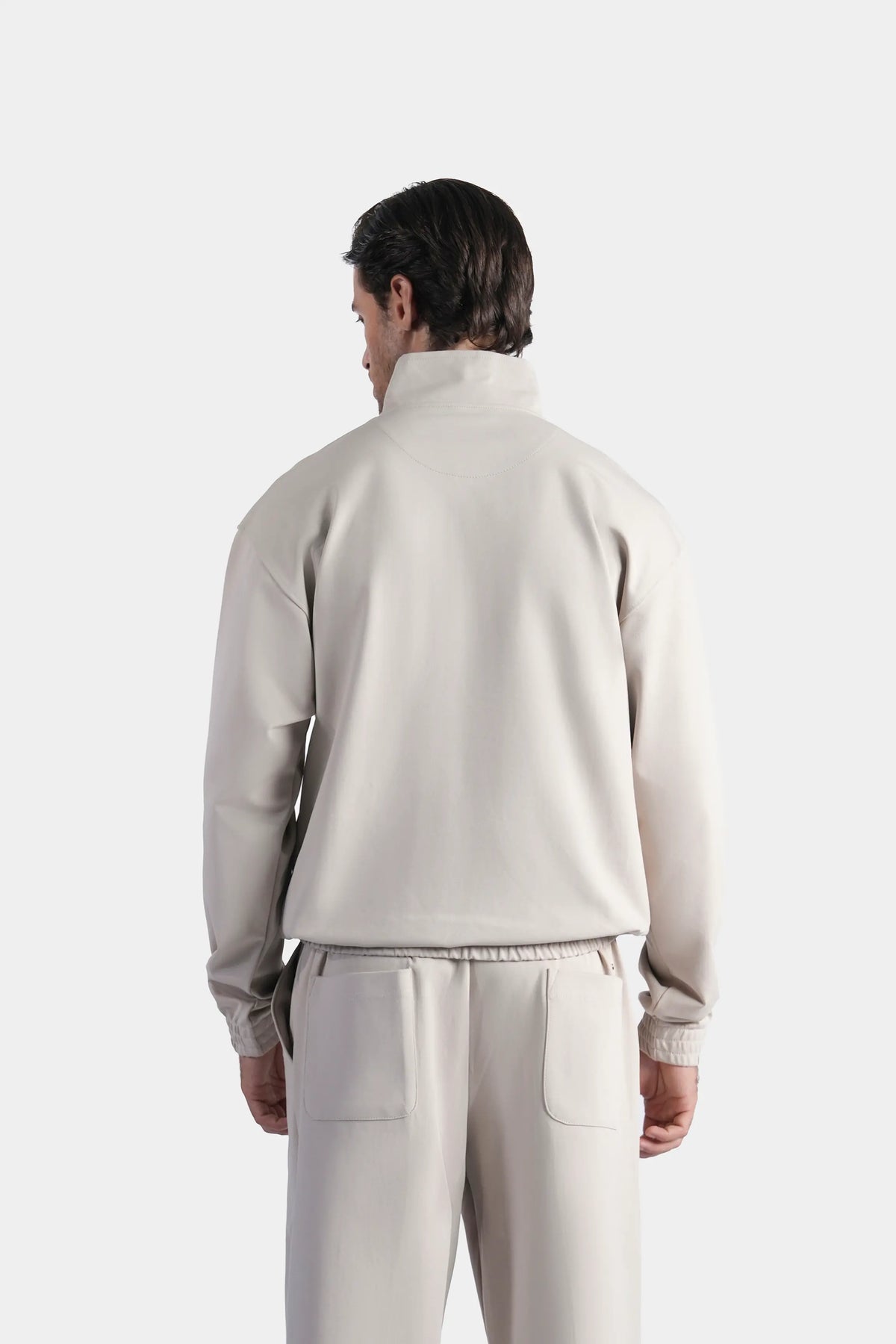 Beige quarter-zip mock neck sweatshirt, back view, long sleeves