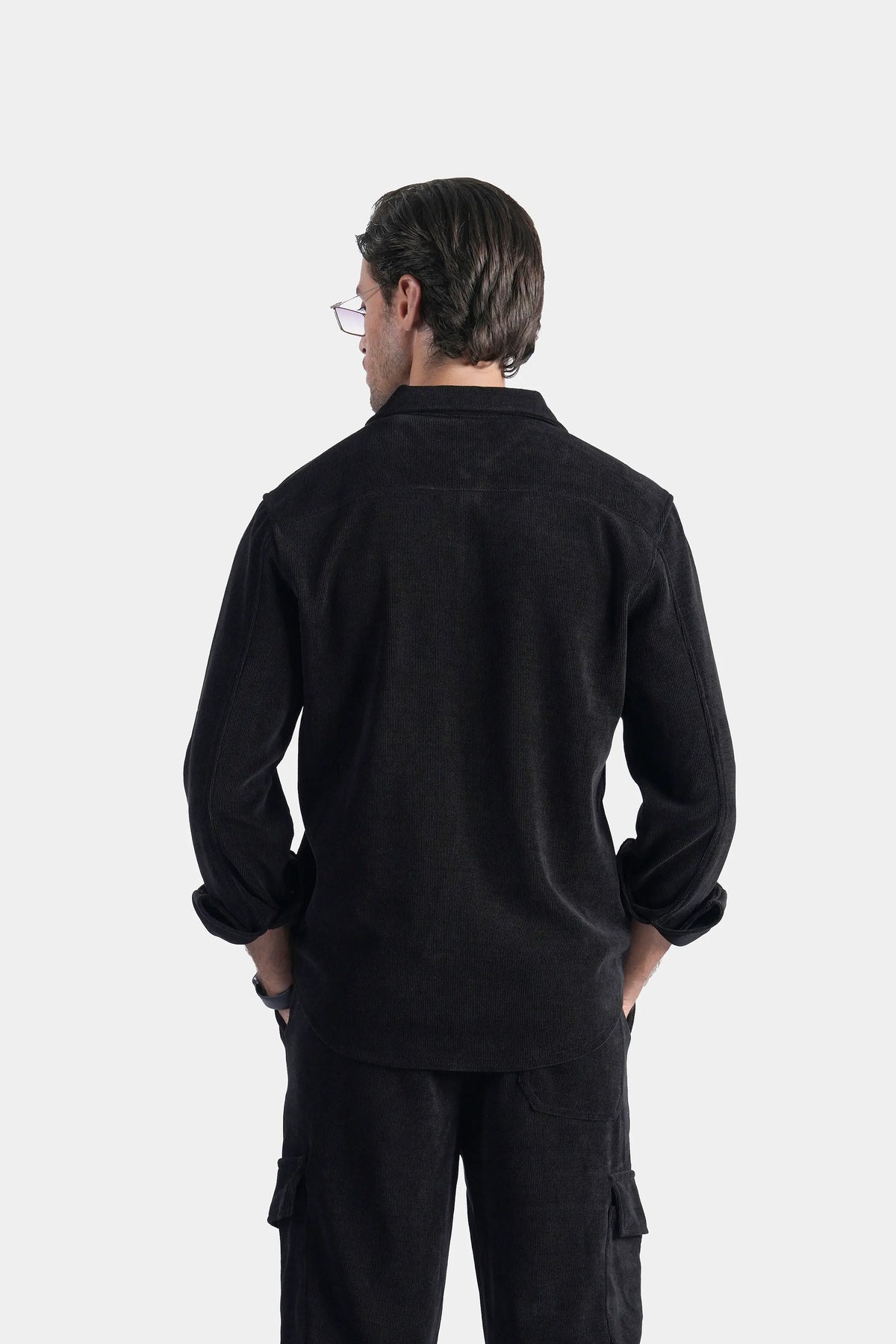 Black regular-collar casual shirt, rear view, long sleeves