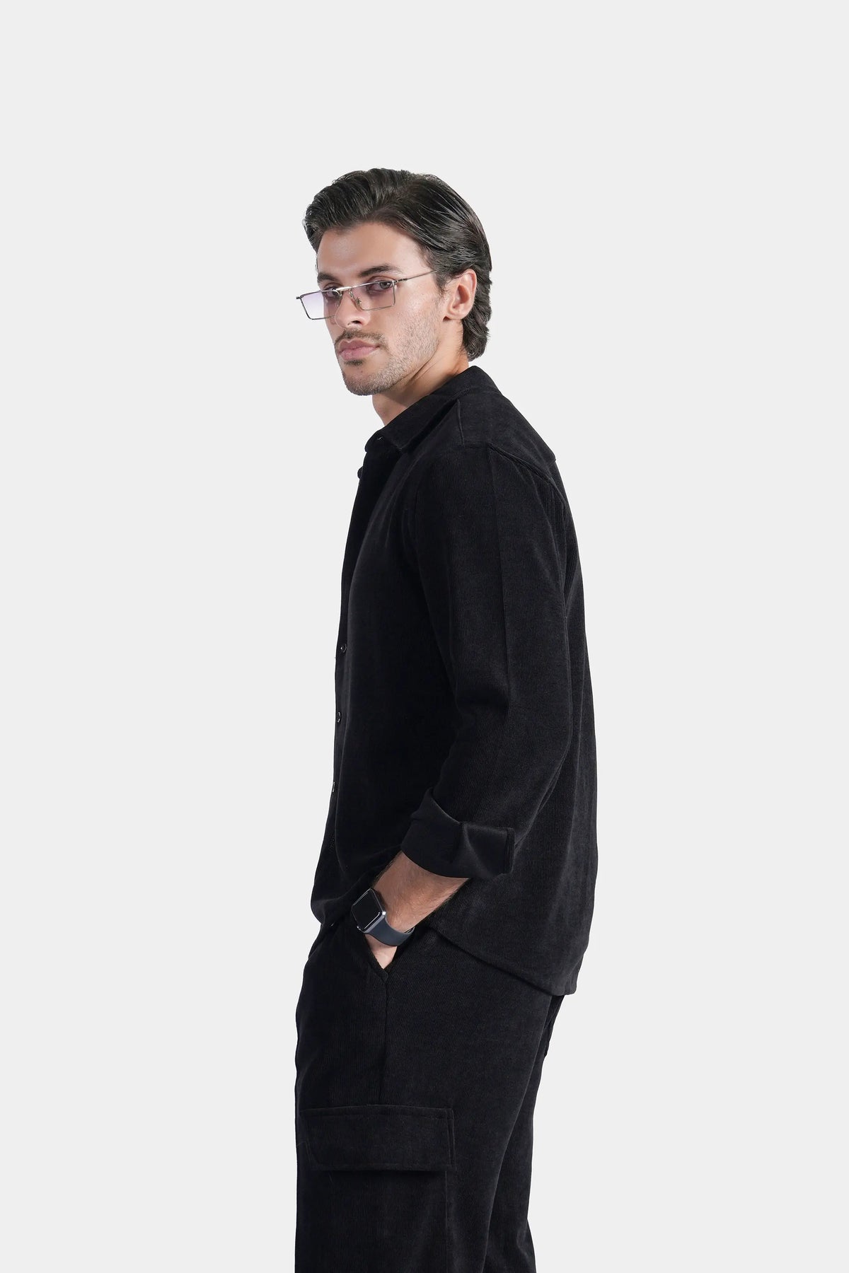 Black regular-collar button-up casual shirt, side view