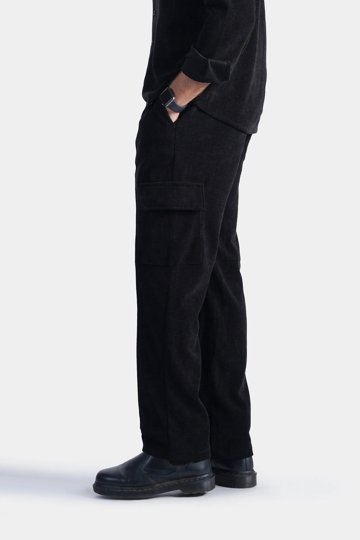 Black corduroy cargo trousers with side flap pocket and straight cuffed hem