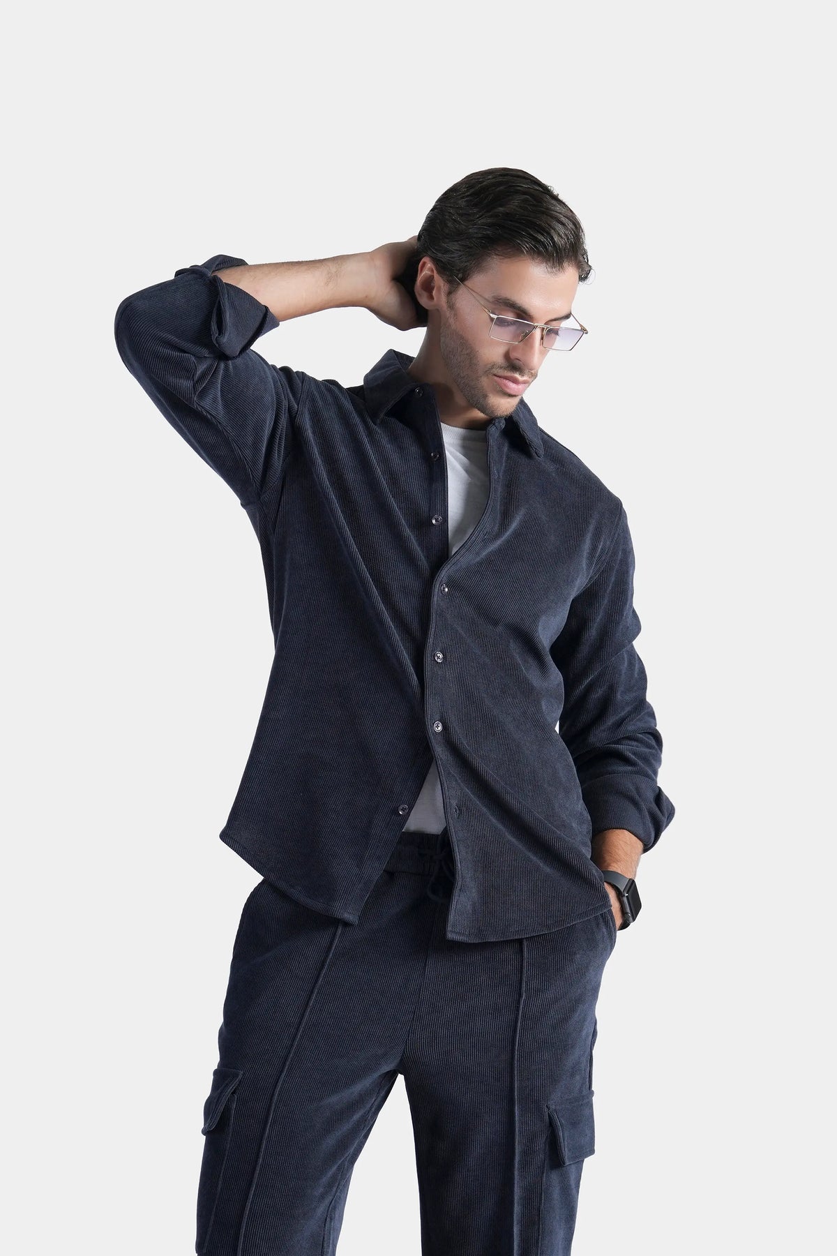 Navy casual button-up shirt with regular collar, front view with long sleeves