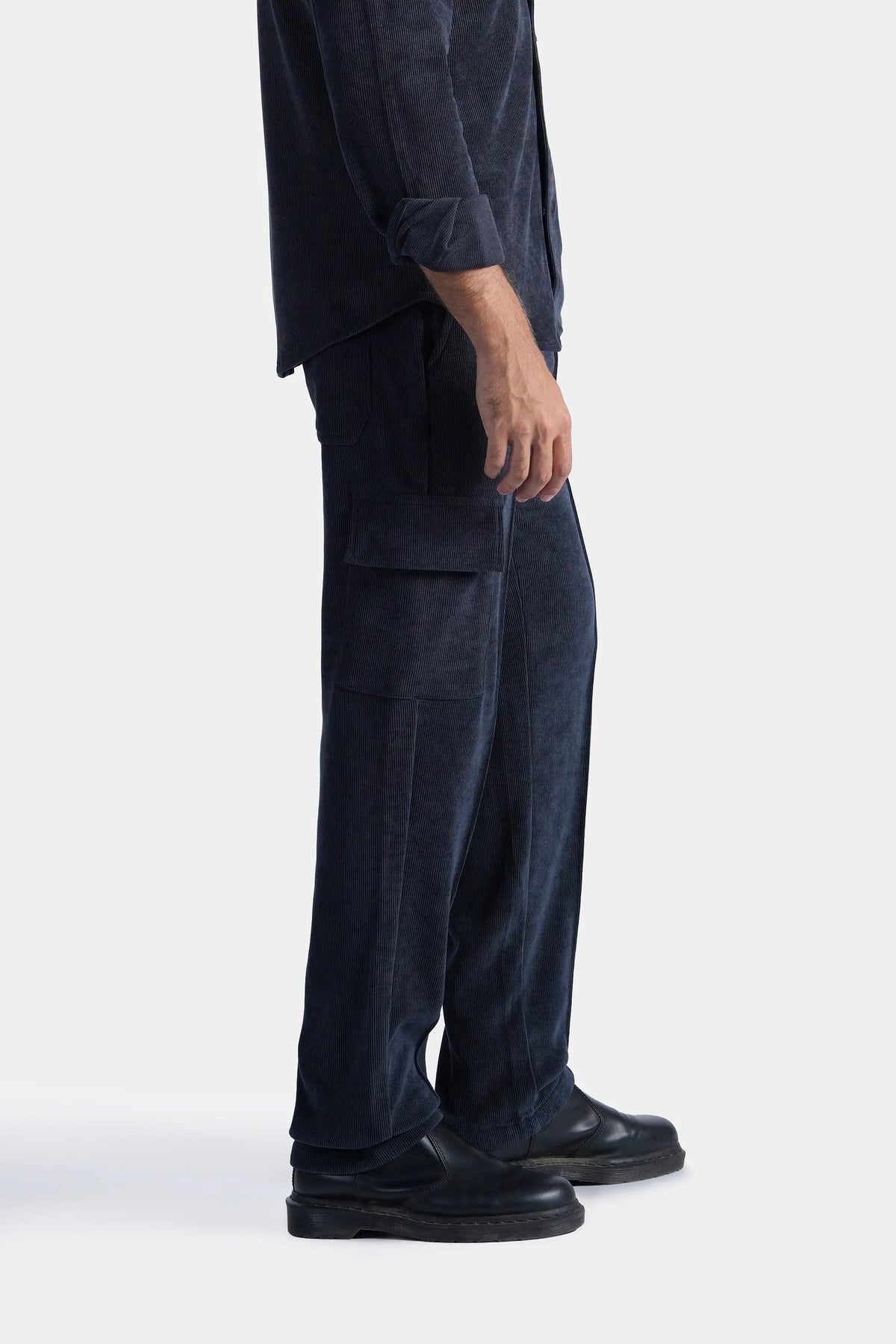 Navy corduroy cargo trousers, side flap pockets and straight tapered legs
