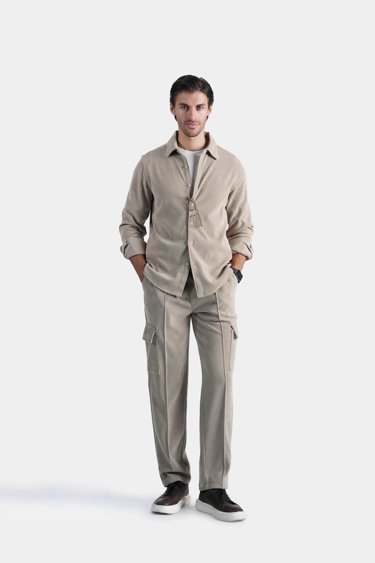Stone regular-collar casual button-up shirt, long sleeves, front placket