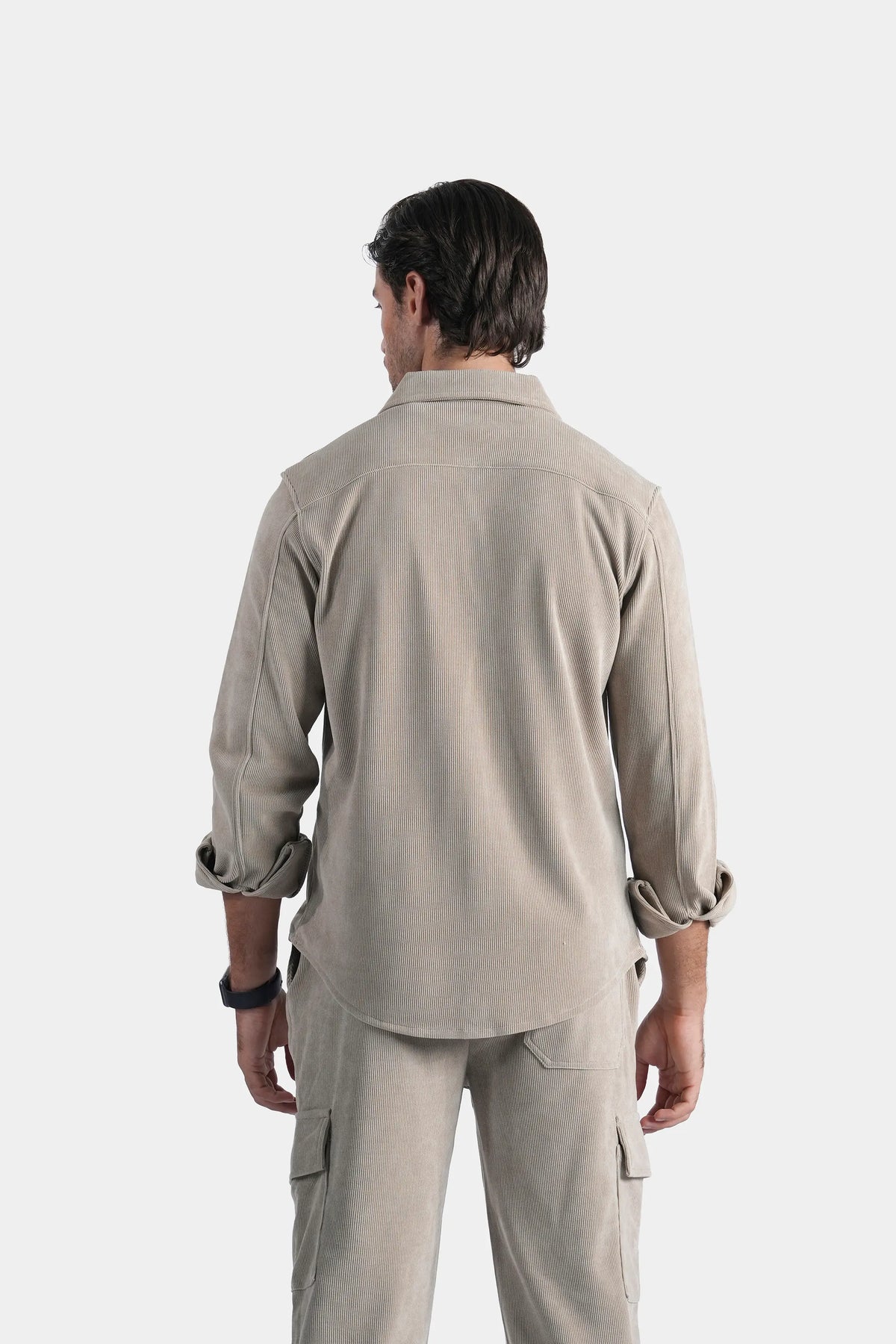 Stone casual button-up shirt, back view with regular collar and long sleeves