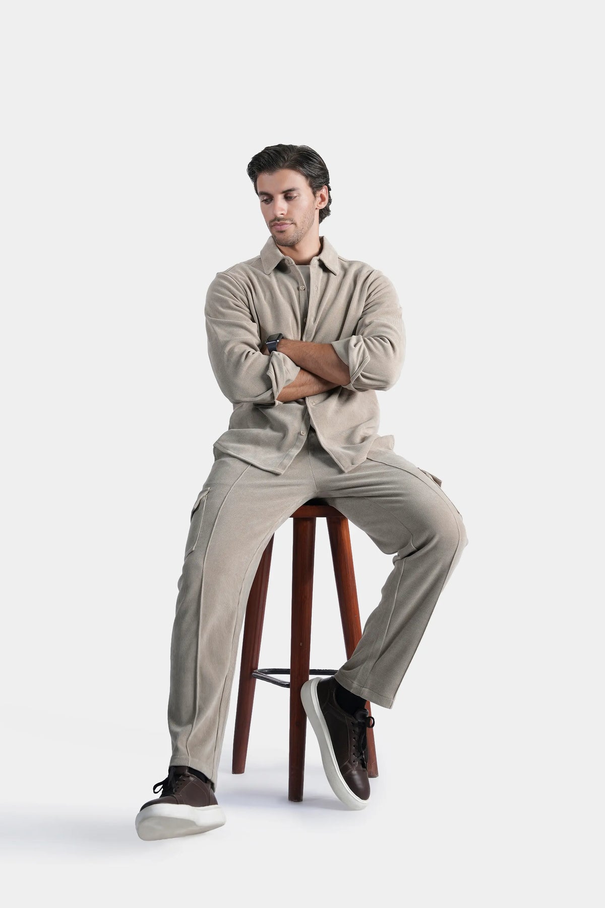 Stone regular-collar casual shirt, long sleeves, seated front view