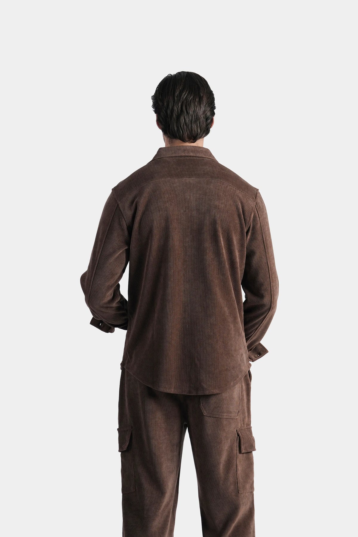 Brown button-up casual shirt with regular collar, back view and full-length sleeves