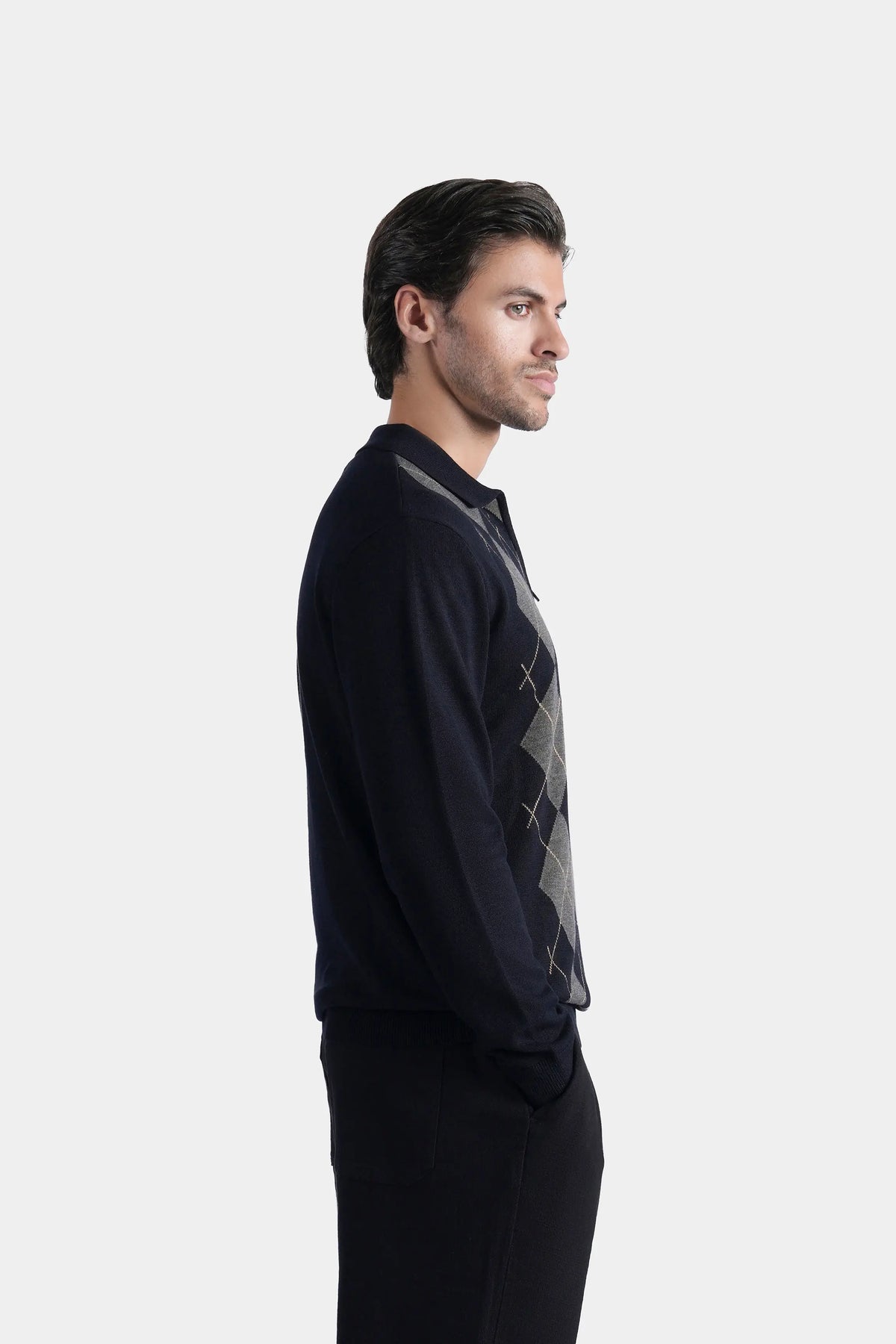 Men's black crew-neck knitted sweater with gray argyle panel on side