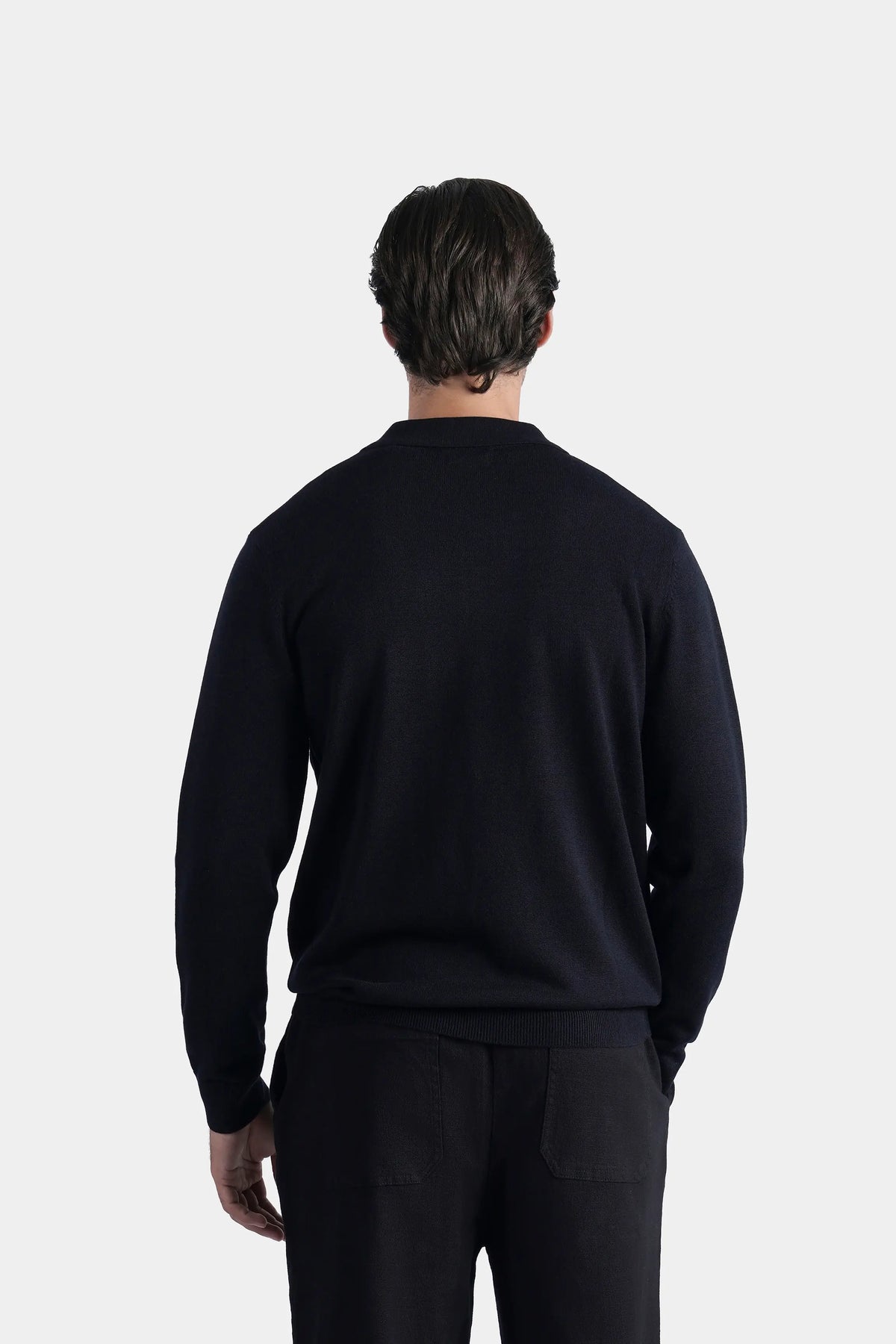 Men's black crew-neck knitted sweater, plain back view