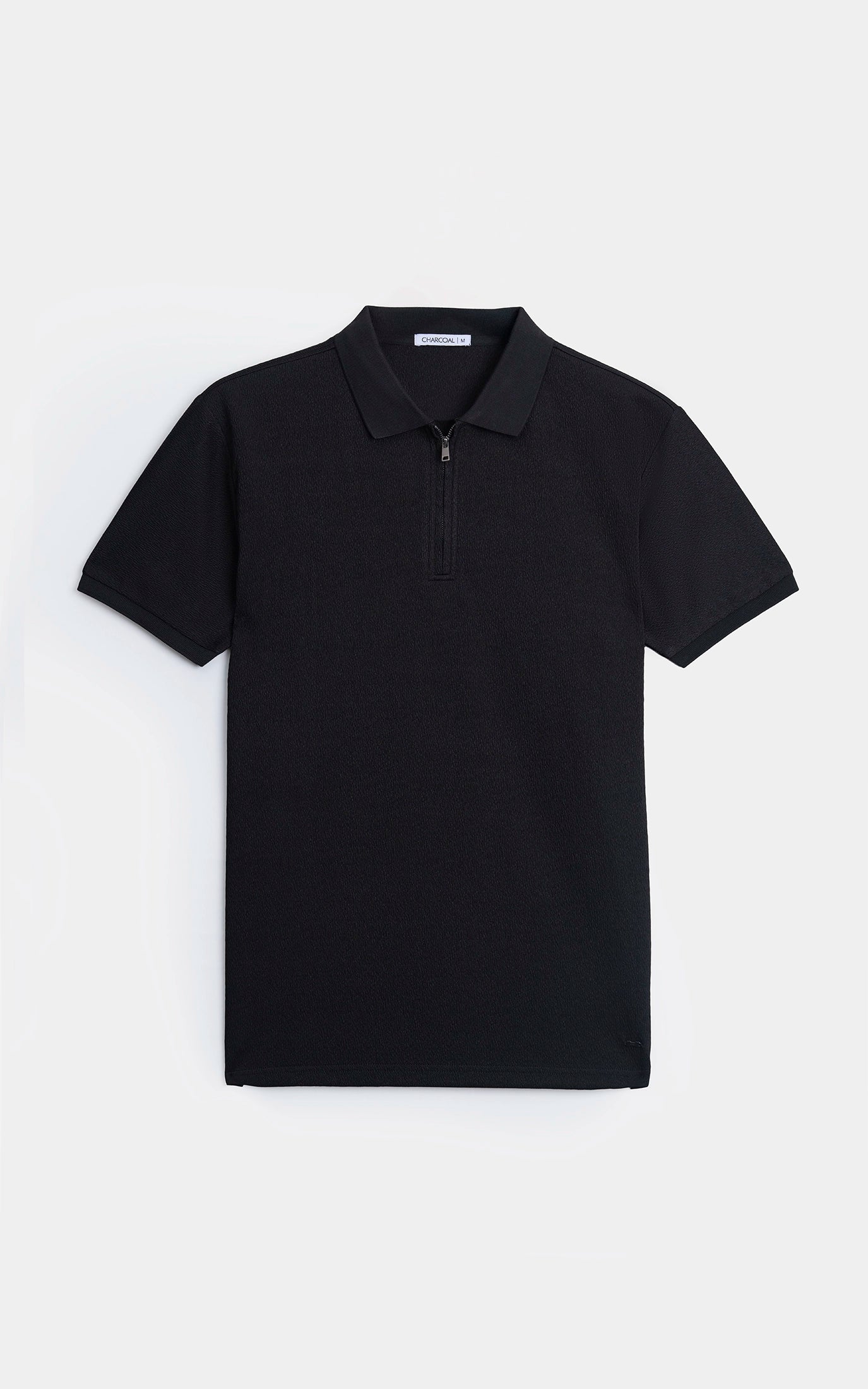 JACQUARD TEXTURED ZIP POLO SHIRT BLACK