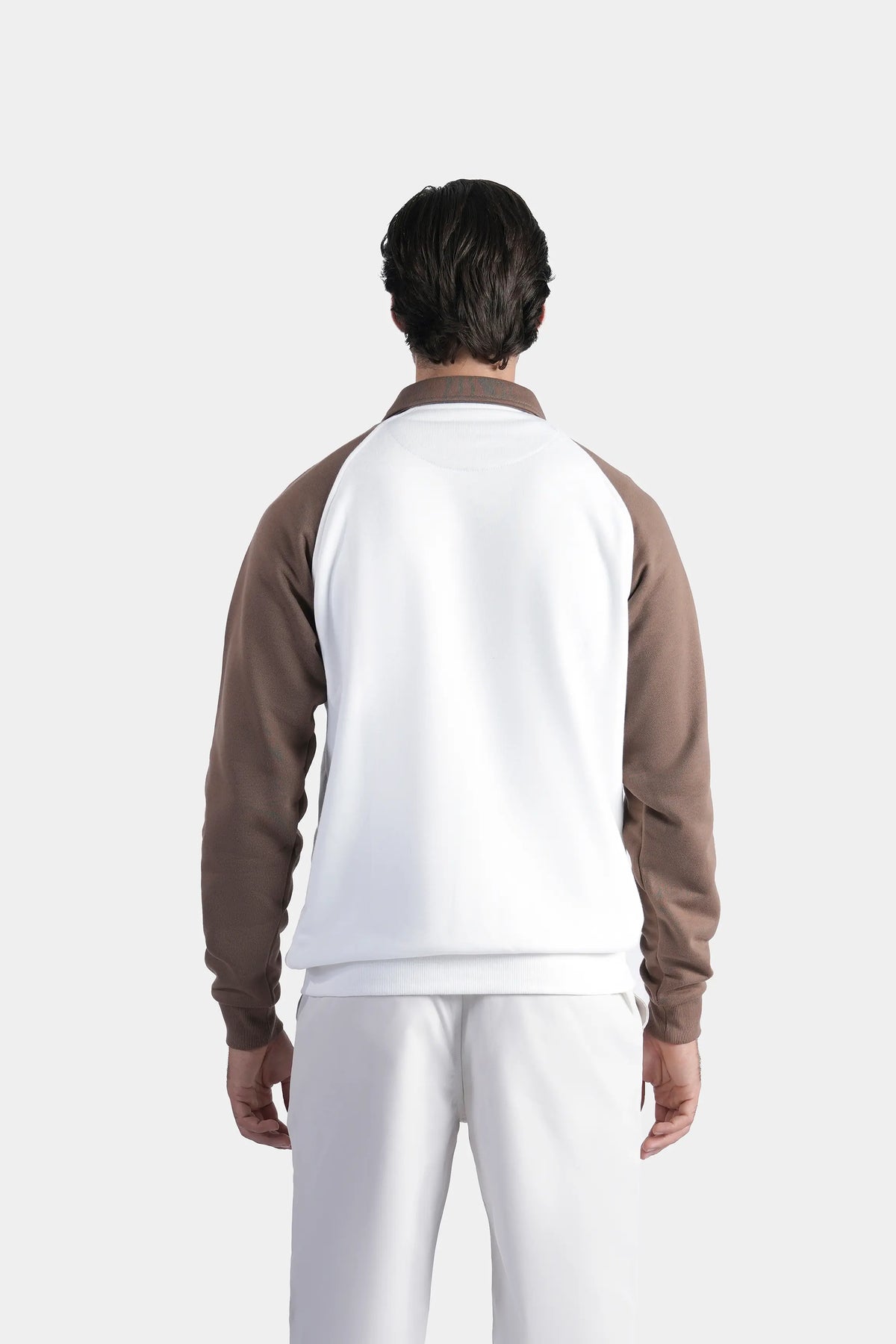 Men's raglan polo sweatshirt back view with brown sleeves and white yoke