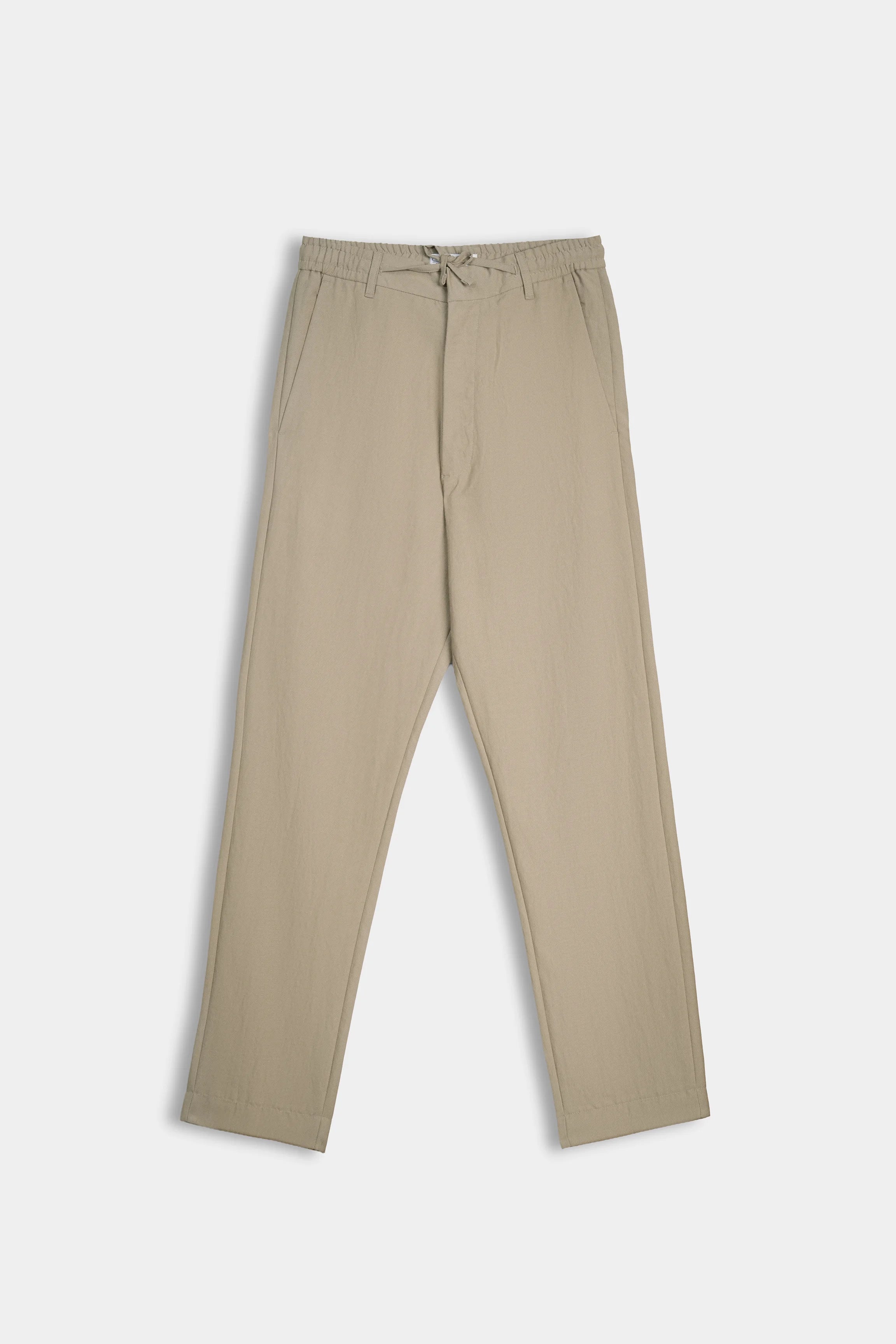 Dark khaki straight-leg pants with drawstring waist and belt loops