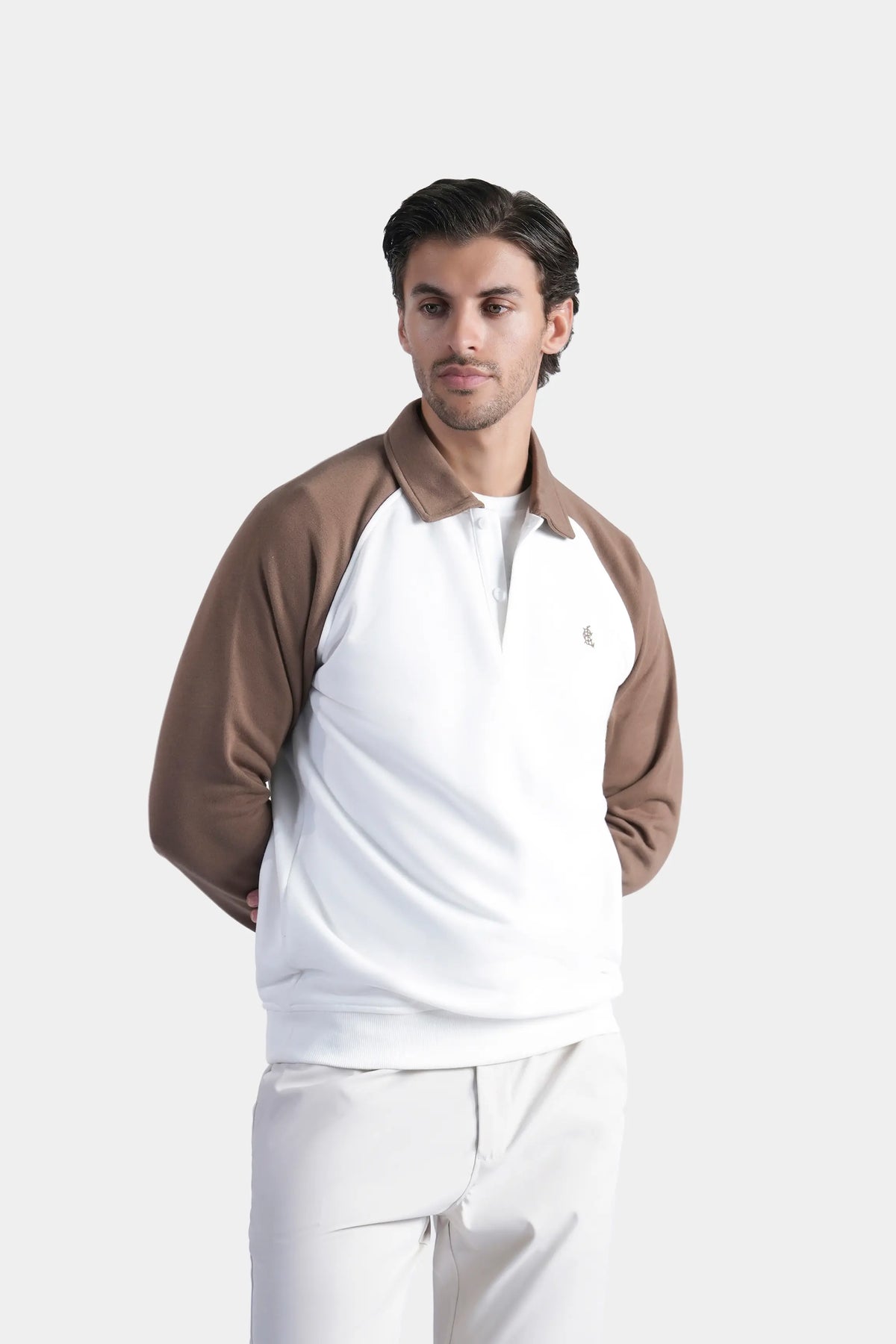 Men's raglan polo sweatshirt front view with brown raglan sleeves and white chest