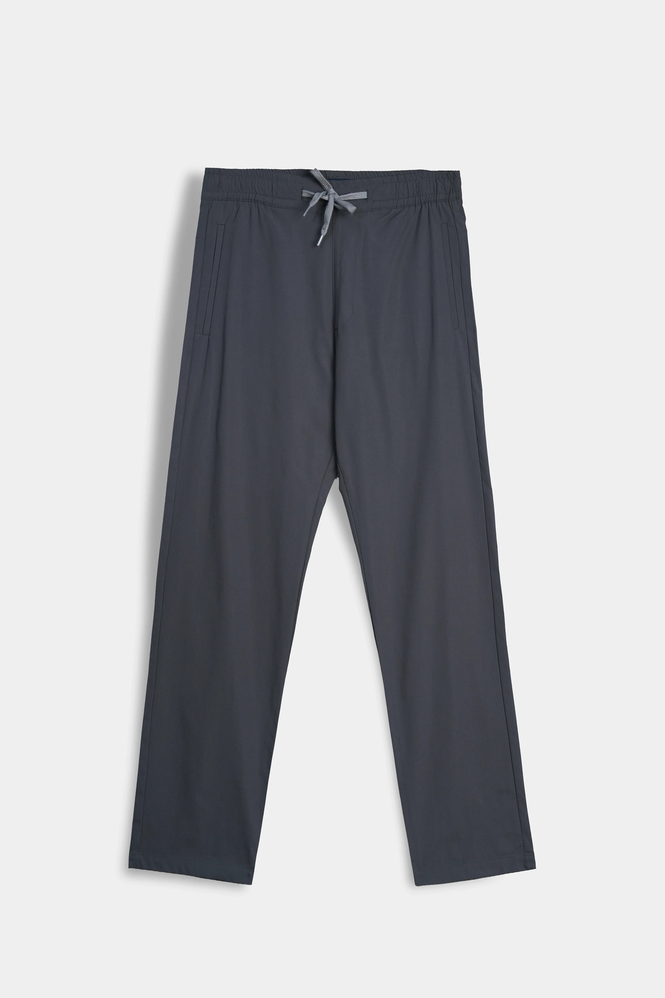Dark grey casual trousers with elastic waistband and adjustable drawstring tie