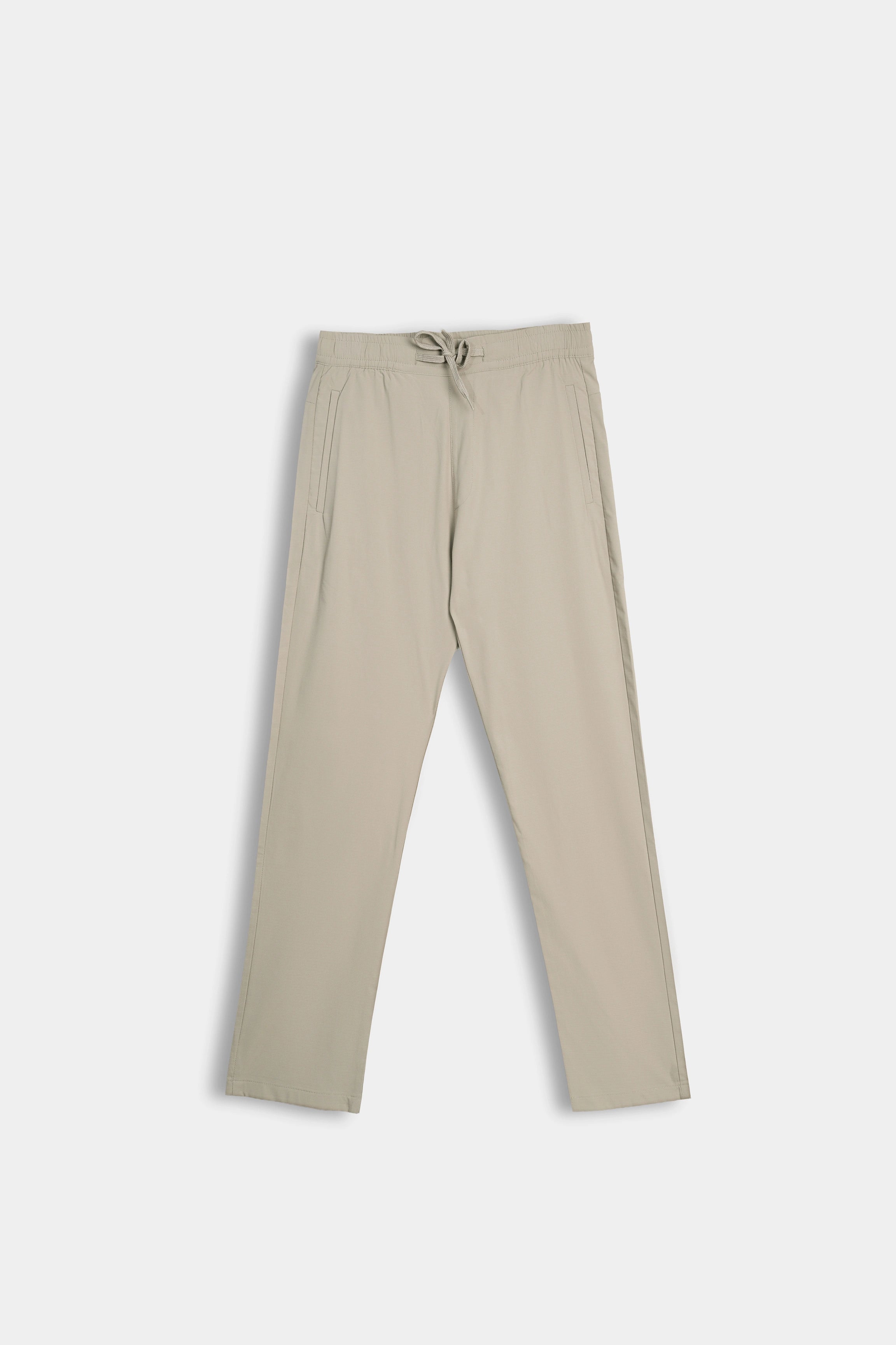 Beige casual trousers with elastic waistband, drawstring, and side pockets