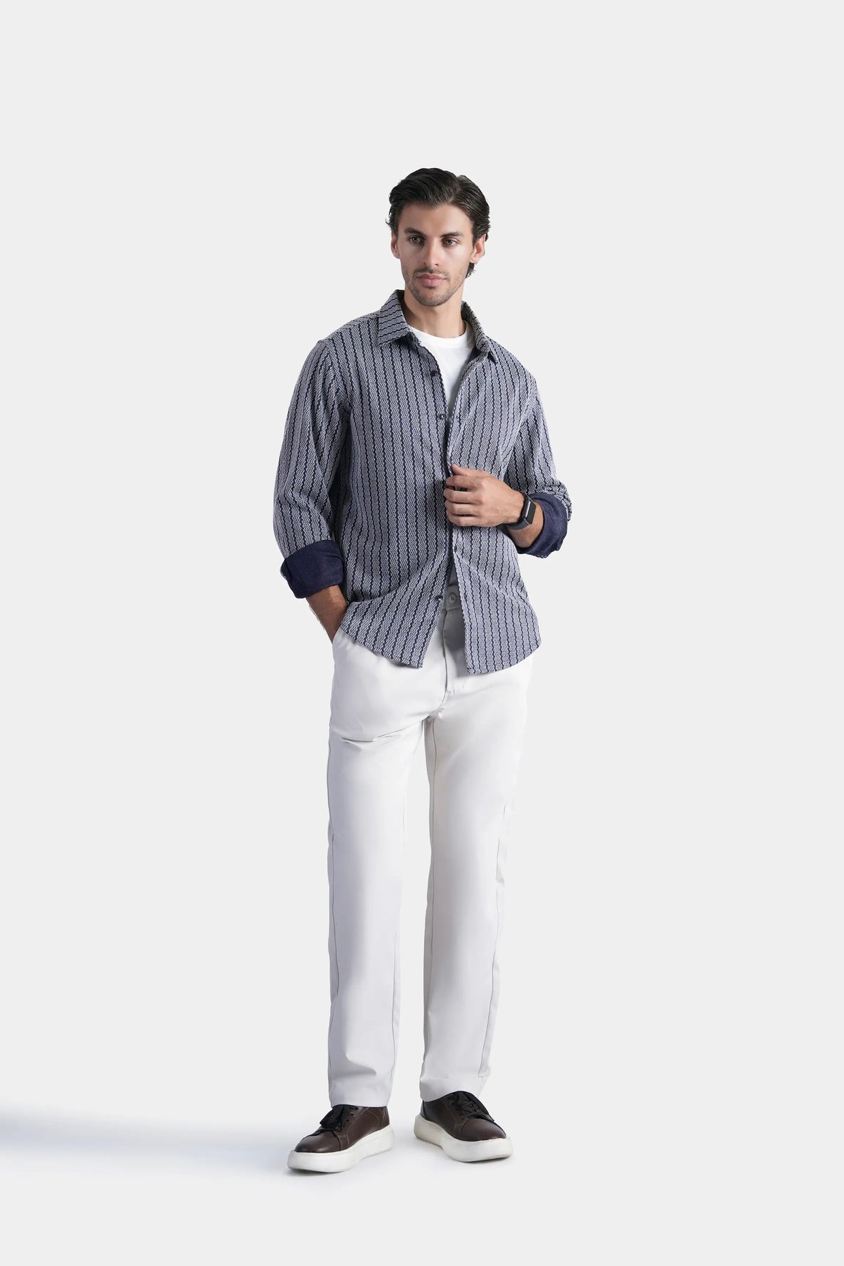 Navy long-sleeve self-textured button-up shirt, full front view with collar