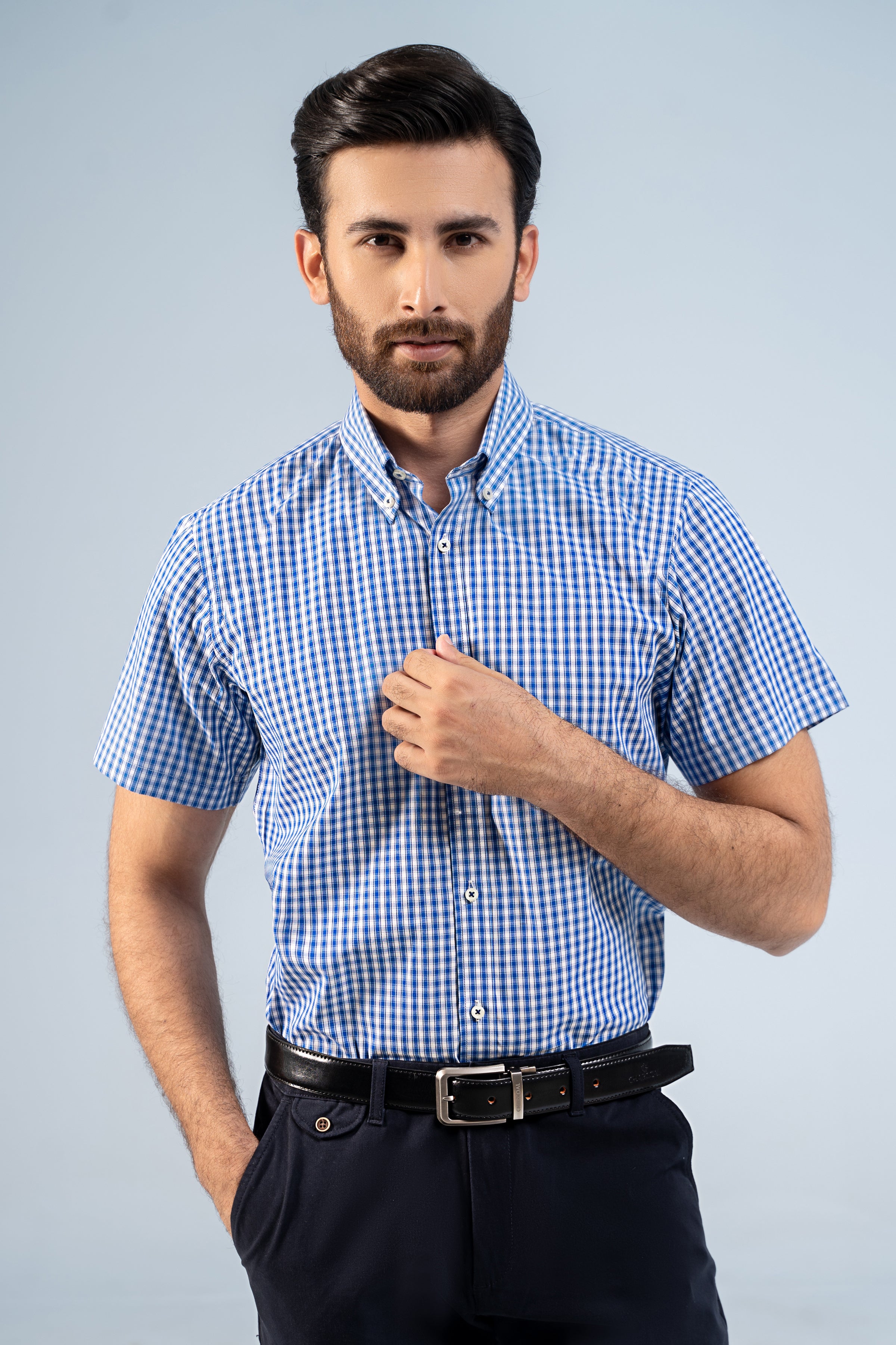 SEMI FORMAL HALF SLEEVE BLUE WHITE CHECK