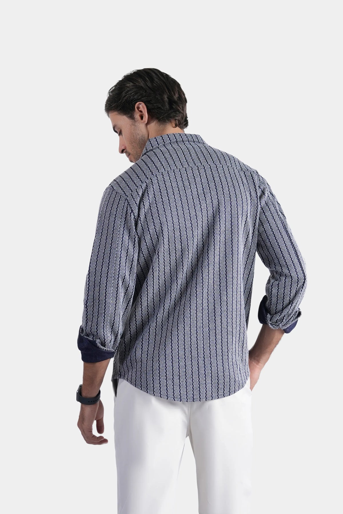 Navy long-sleeve self-textured button-up shirt, back view with striped texture