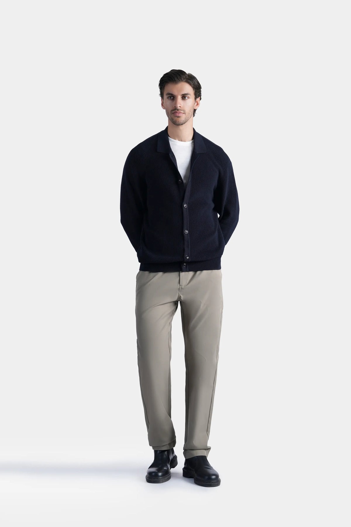 Smart Fit long sleeve knitted cardigan in navy, button-front, mock neck