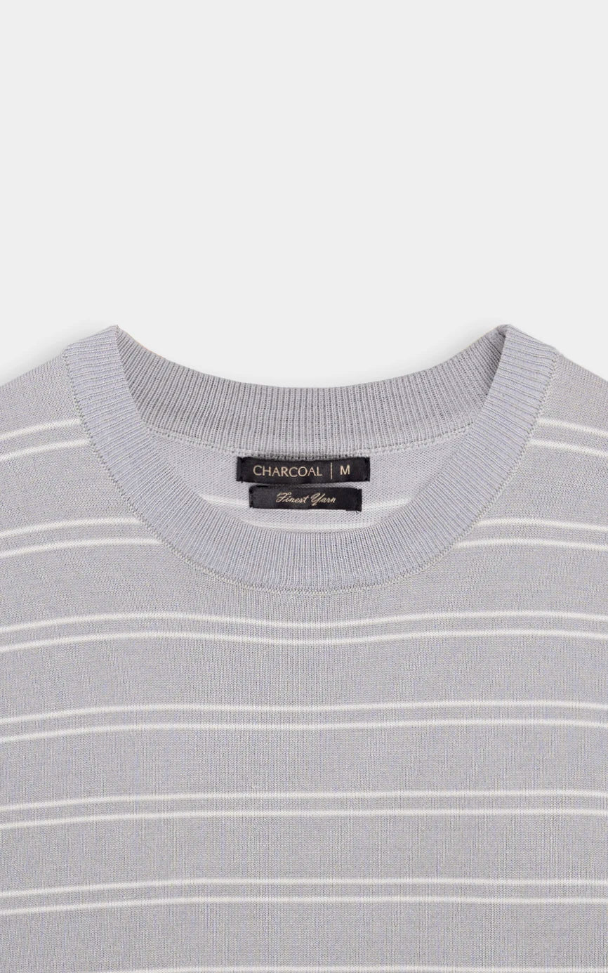 CREW NECK SWEATER KNIT HORIZONTAL STRIPED T-SHIRT LIGHT GREY