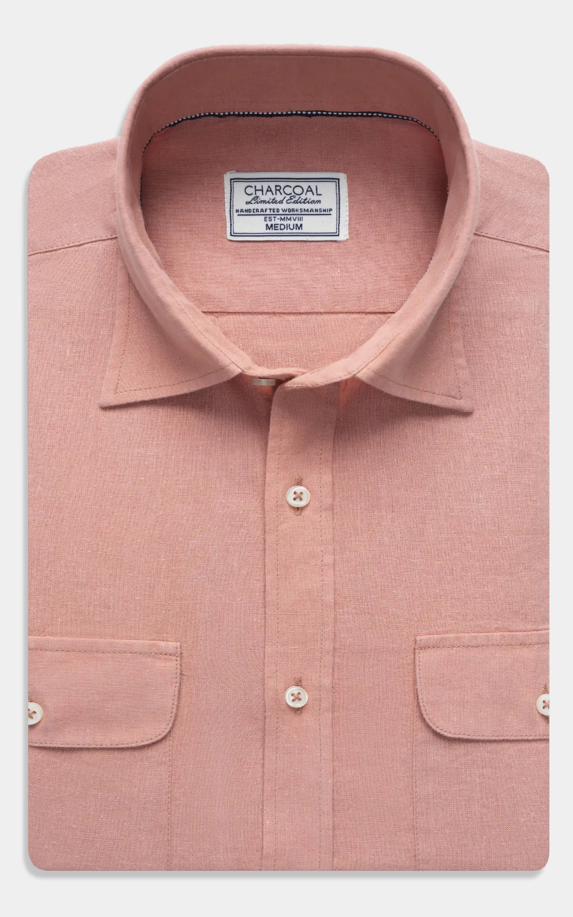 Peach linen shirt with classic spread collar, button placket, and chest pockets