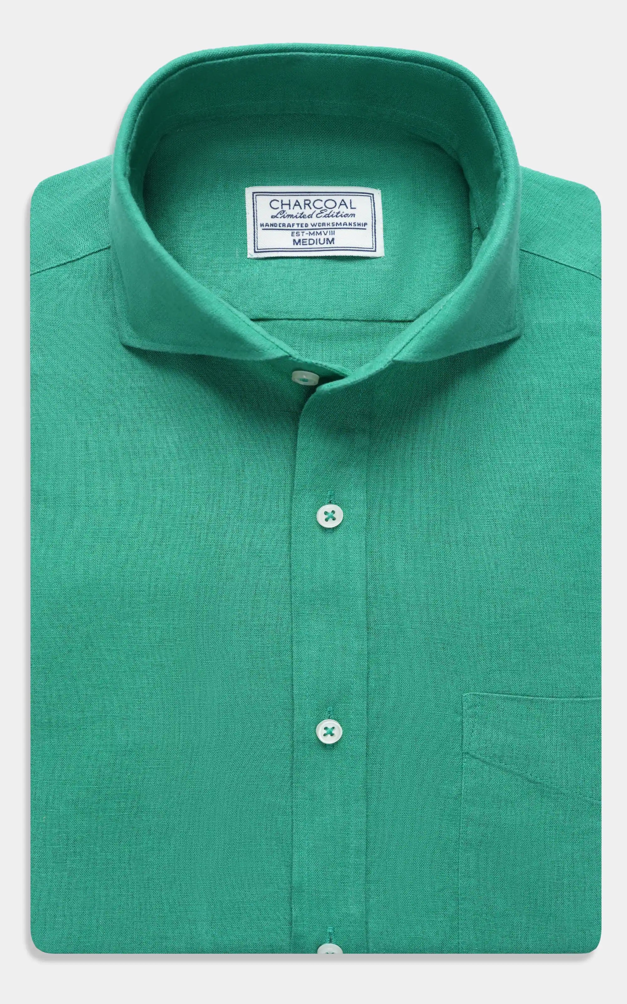Green linen wide spread collar shirt with button placket and chest pocket
