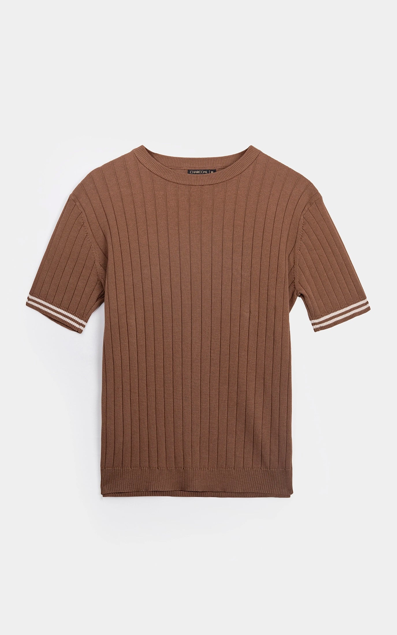 SWEATER KNIT SELF STRIPED CREW  NECK T SHIRT BROWN