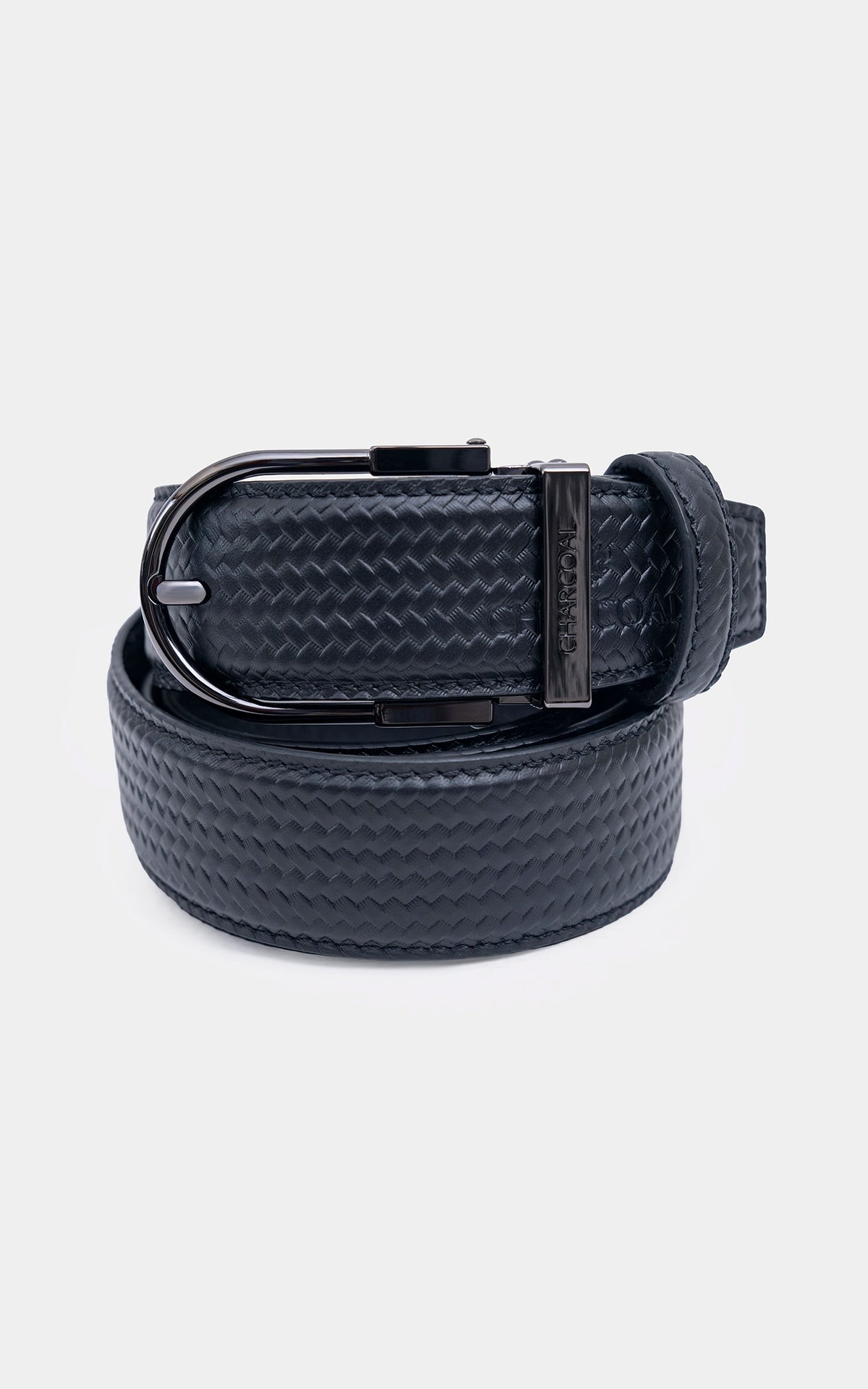 Dark braided leather-look belt with rectangular silver buckle