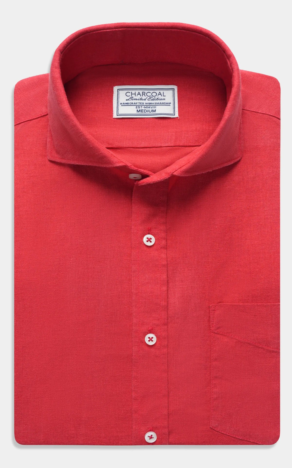 Tangerine linen wide-spread collar shirt with button front and chest pocket