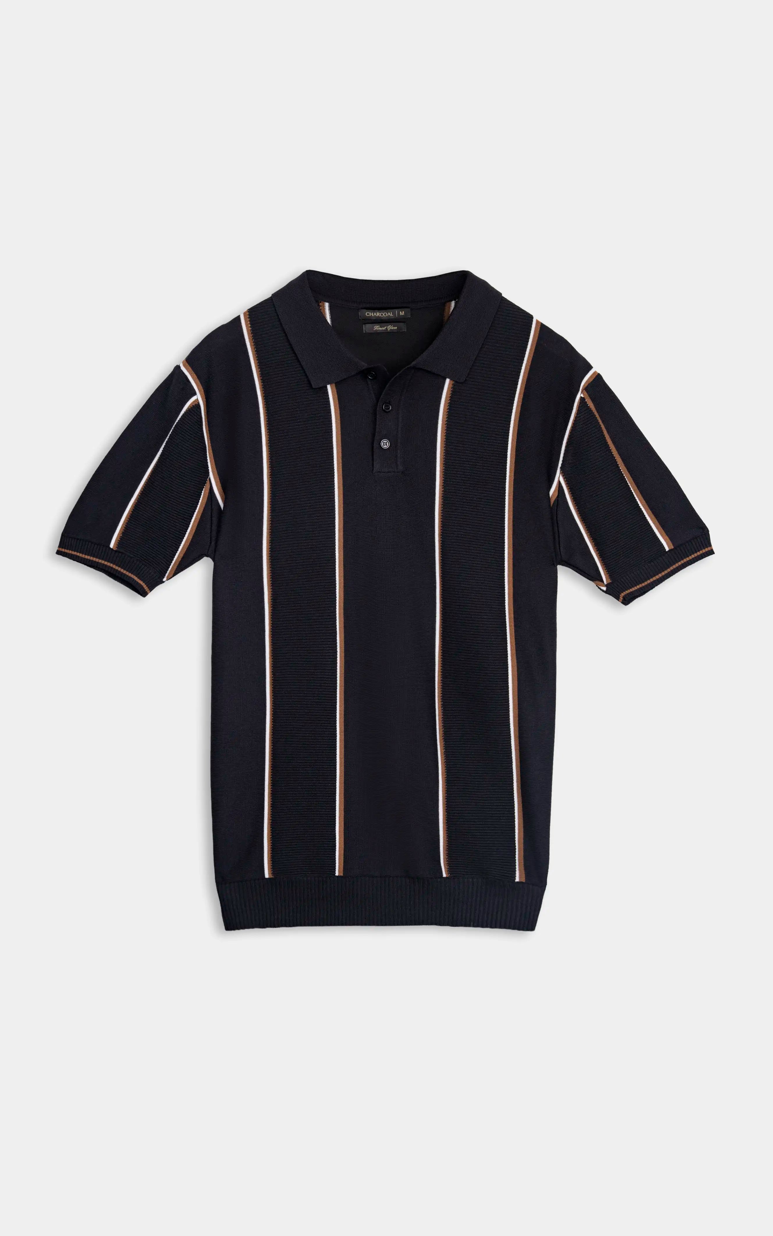 SWEATER KNIT VERTICAL STRIPED POLO SHIRT BLACK
