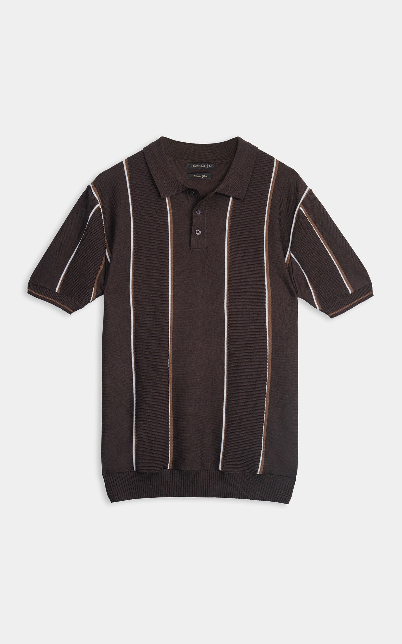 SWEATER KNIT VERTICAL STRIPED POLO SHIRT BROWN