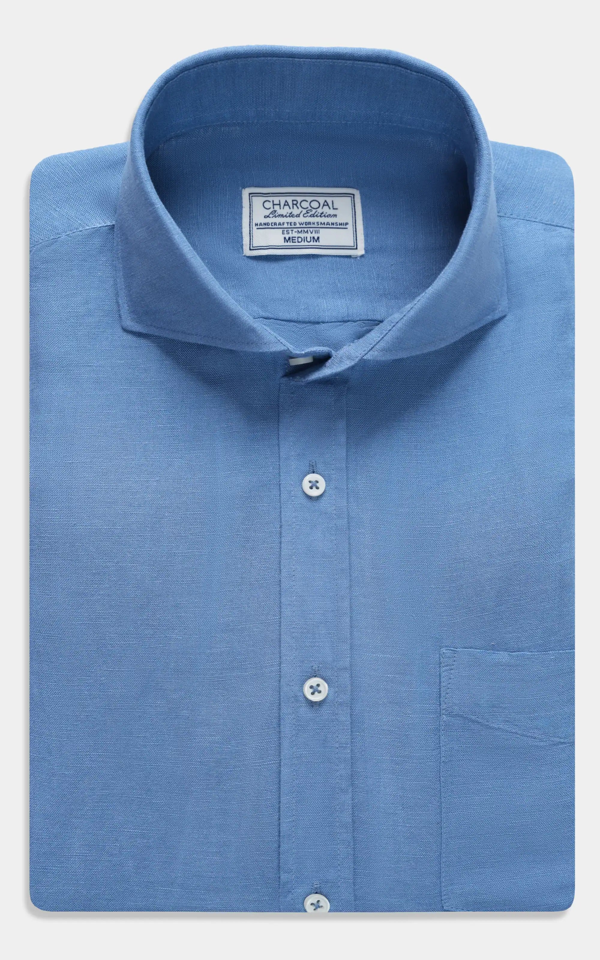 Men's linen wide-spread collar shirt, greyish blue, button-front and chest pocket