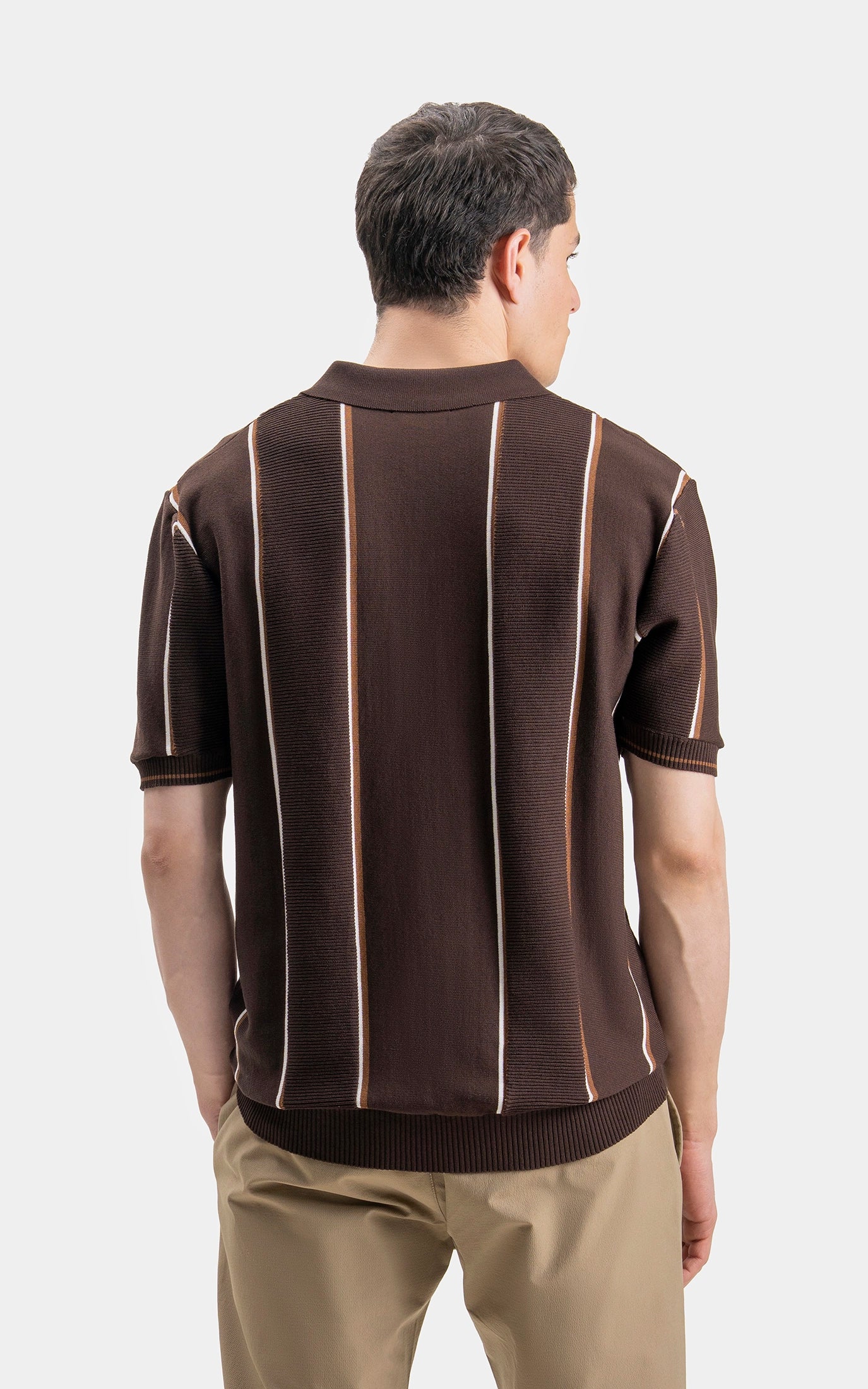 SWEATER KNIT VERTICAL STRIPED POLO SHIRT BROWN