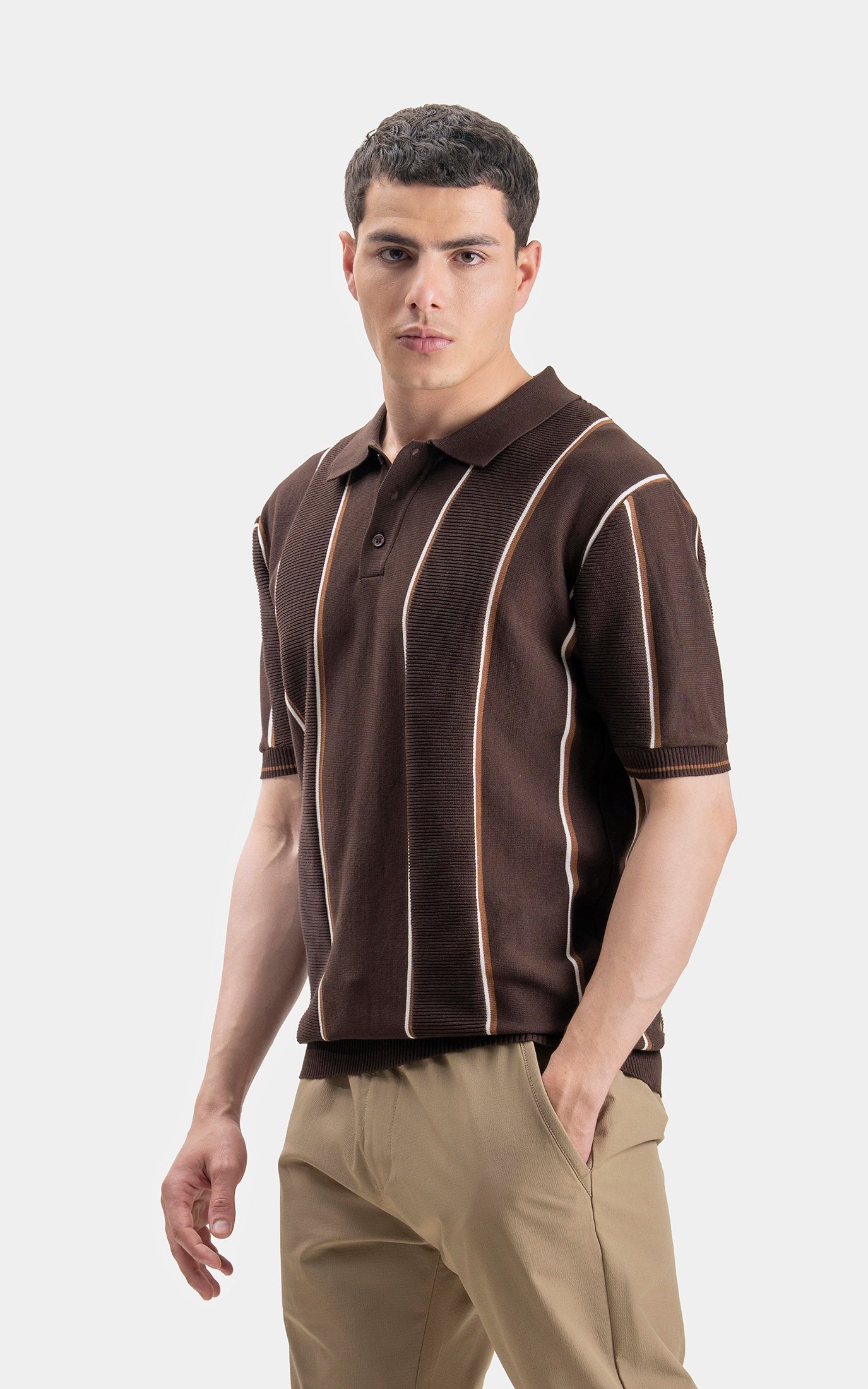 SWEATER KNIT VERTICAL STRIPED POLO SHIRT BROWN