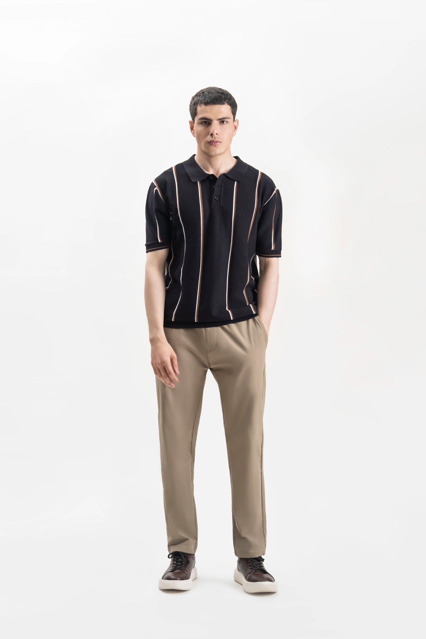 SWEATER KNIT VERTICAL STRIPED POLO SHIRT BLACK