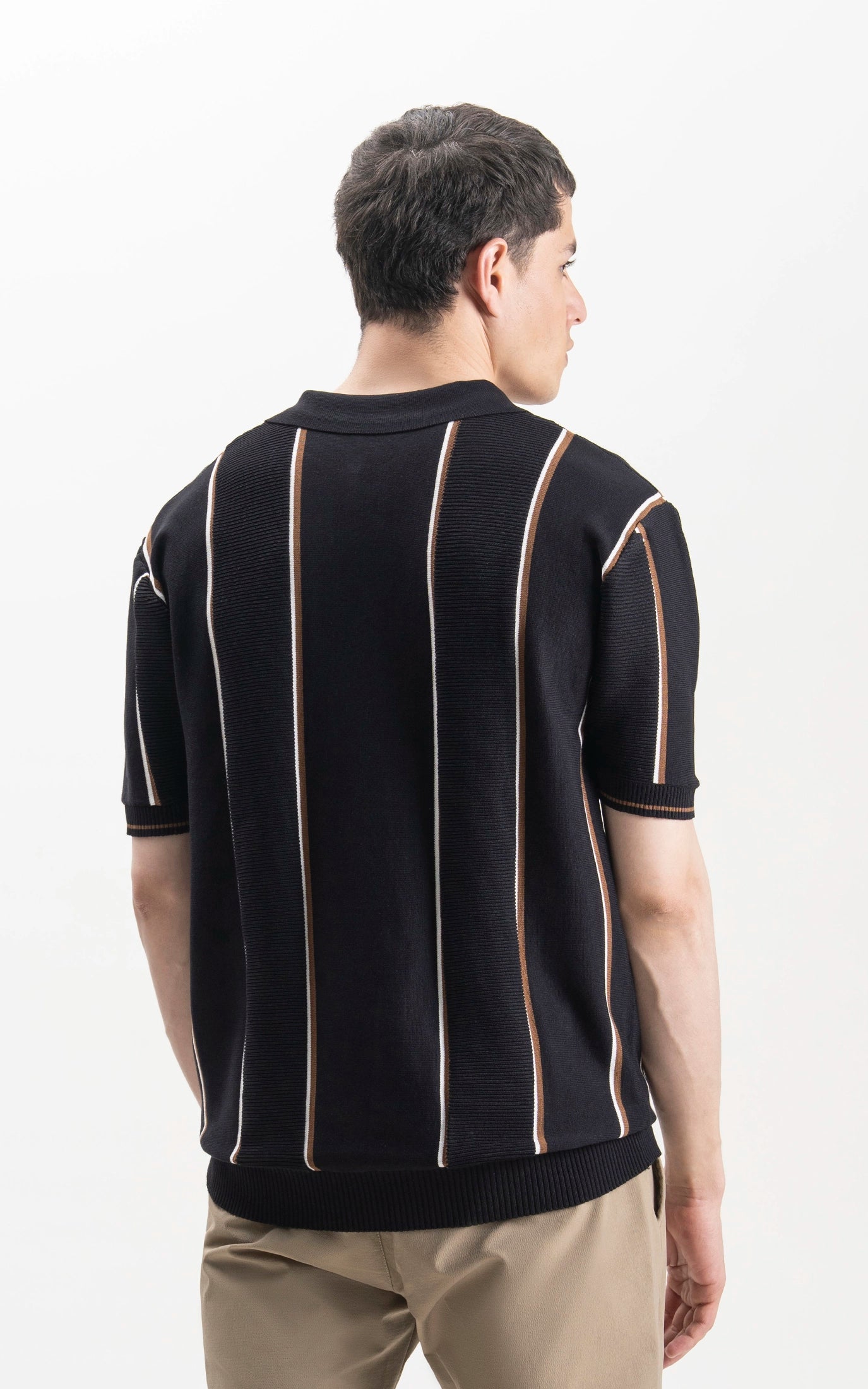 SWEATER KNIT VERTICAL STRIPED POLO SHIRT BLACK