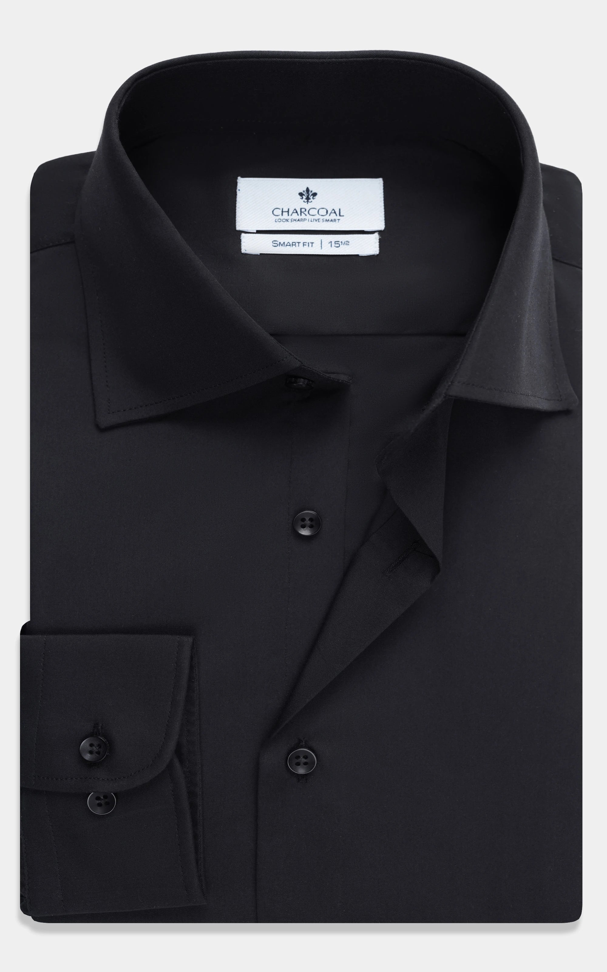 Black dress shirt with button placket, spread collar, and left chest pocket