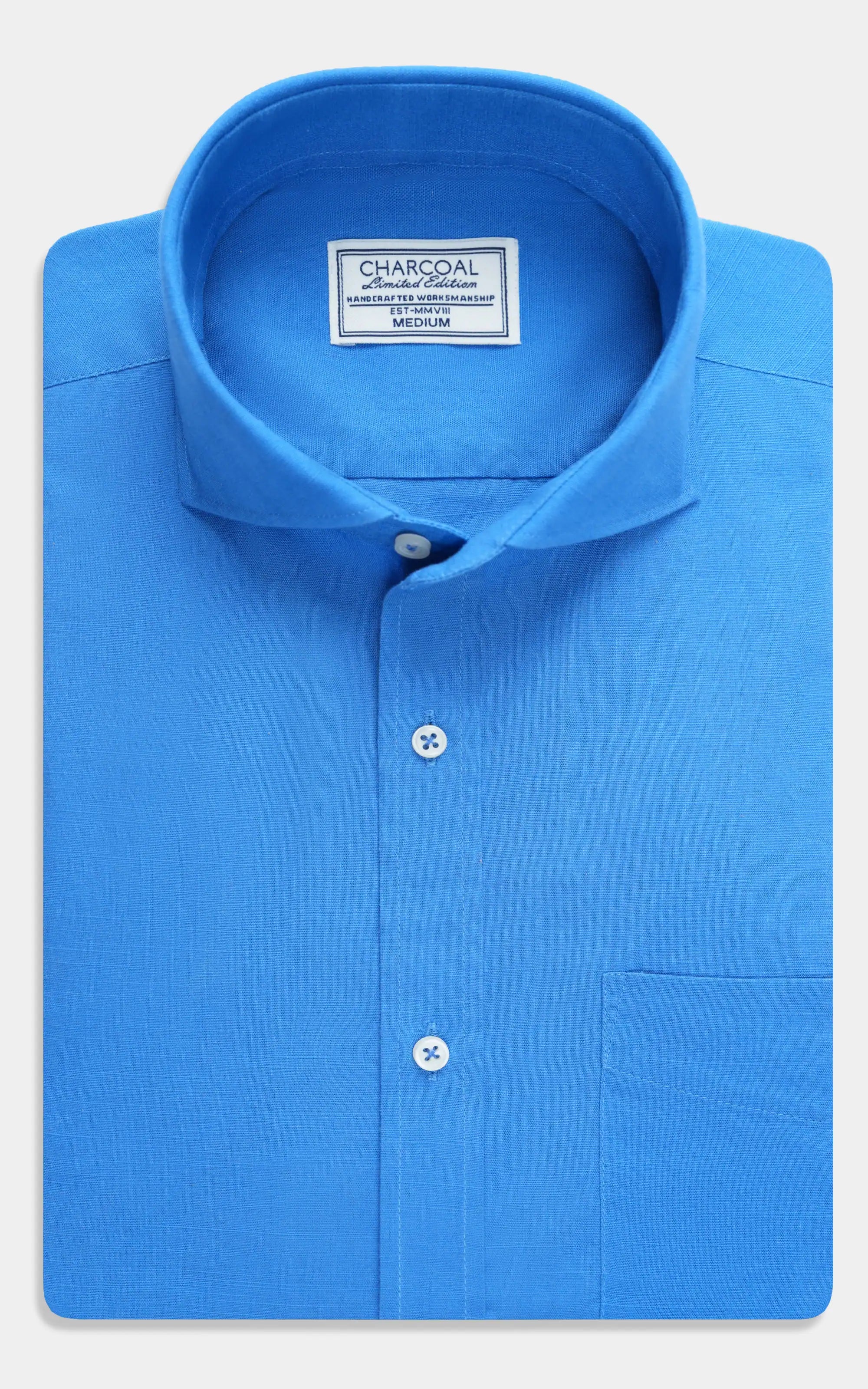 Blue linen wide spread collar shirt with button front and chest pocket