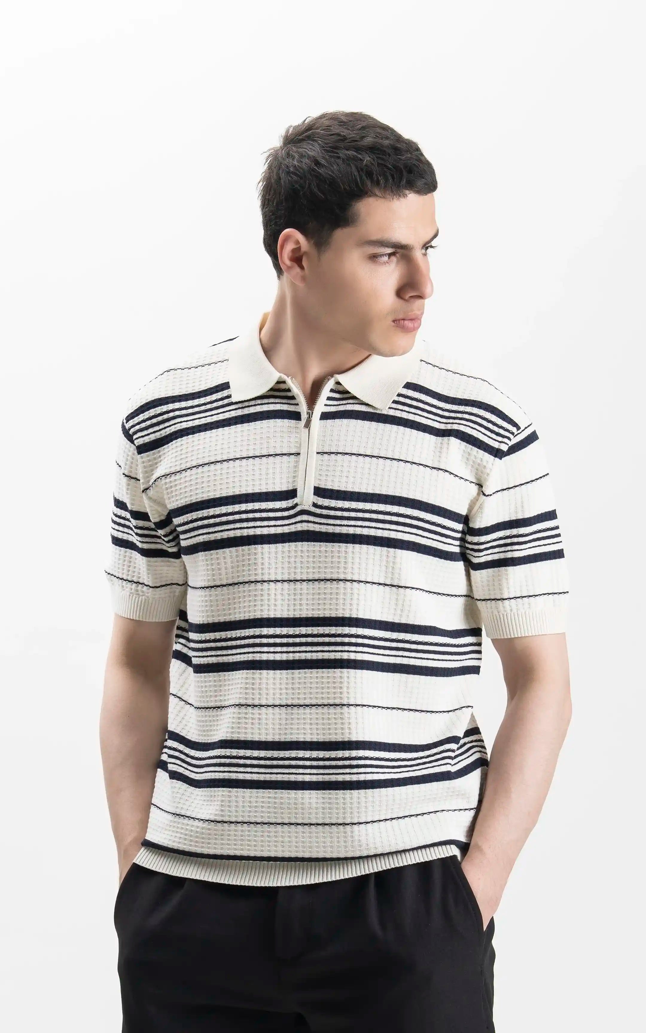 SWEATER KNIT HORIZONTAL STRIPED POLO SHIRT OFF WHITE
