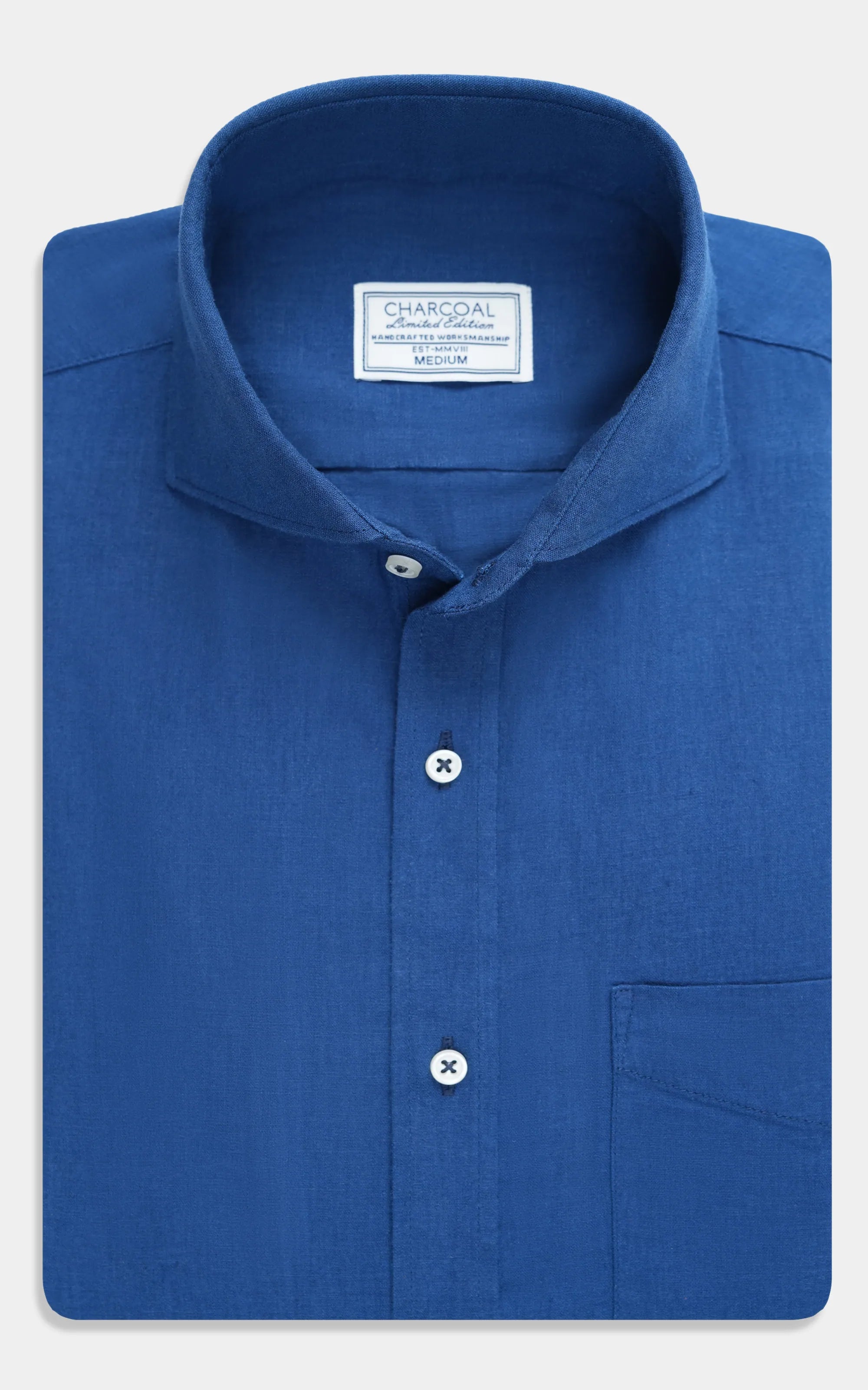 Navy linen wide spread collar shirt with button front and chest pocket