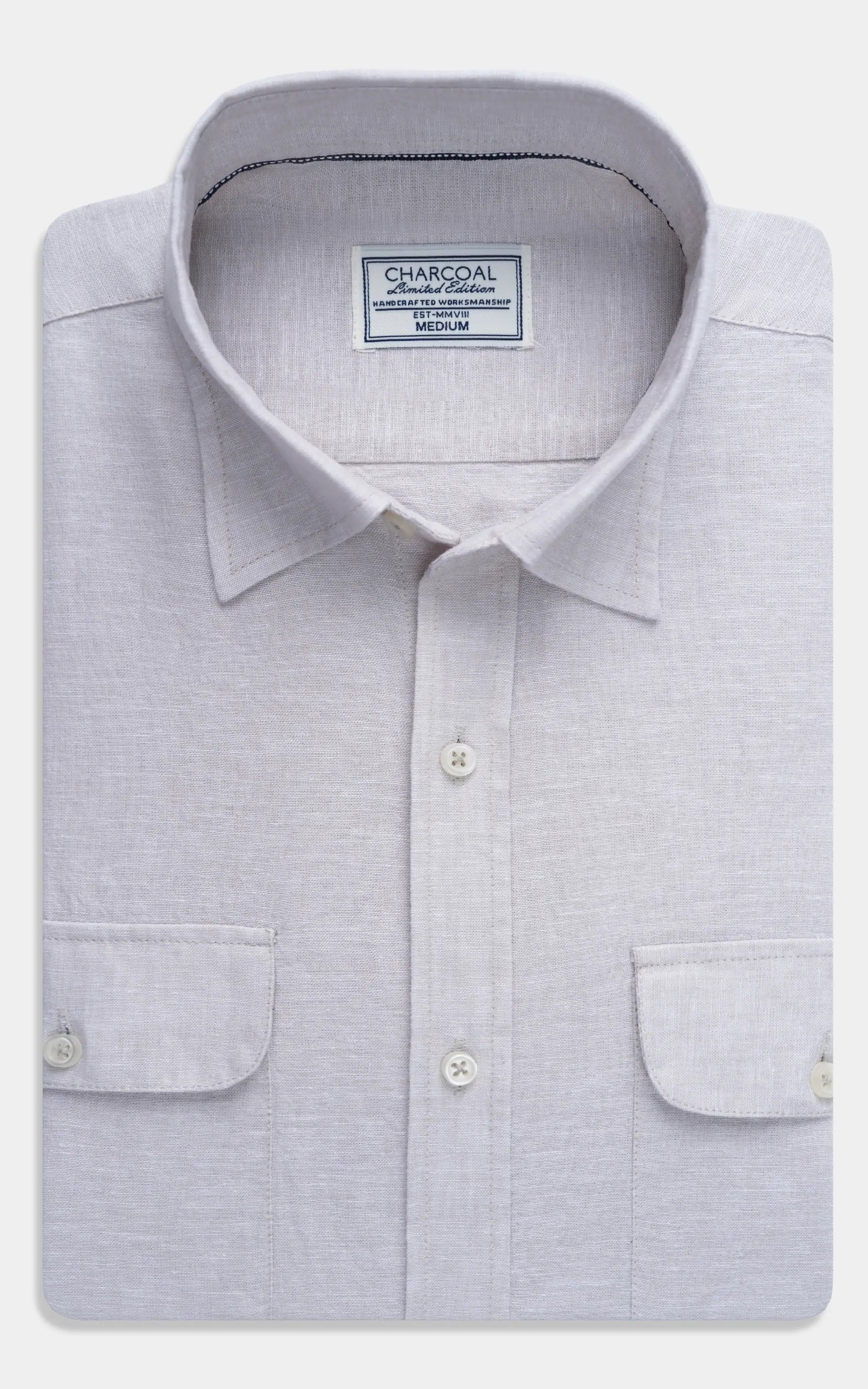 Linen button-up shirt in greyish brown with spread collar and chest pockets