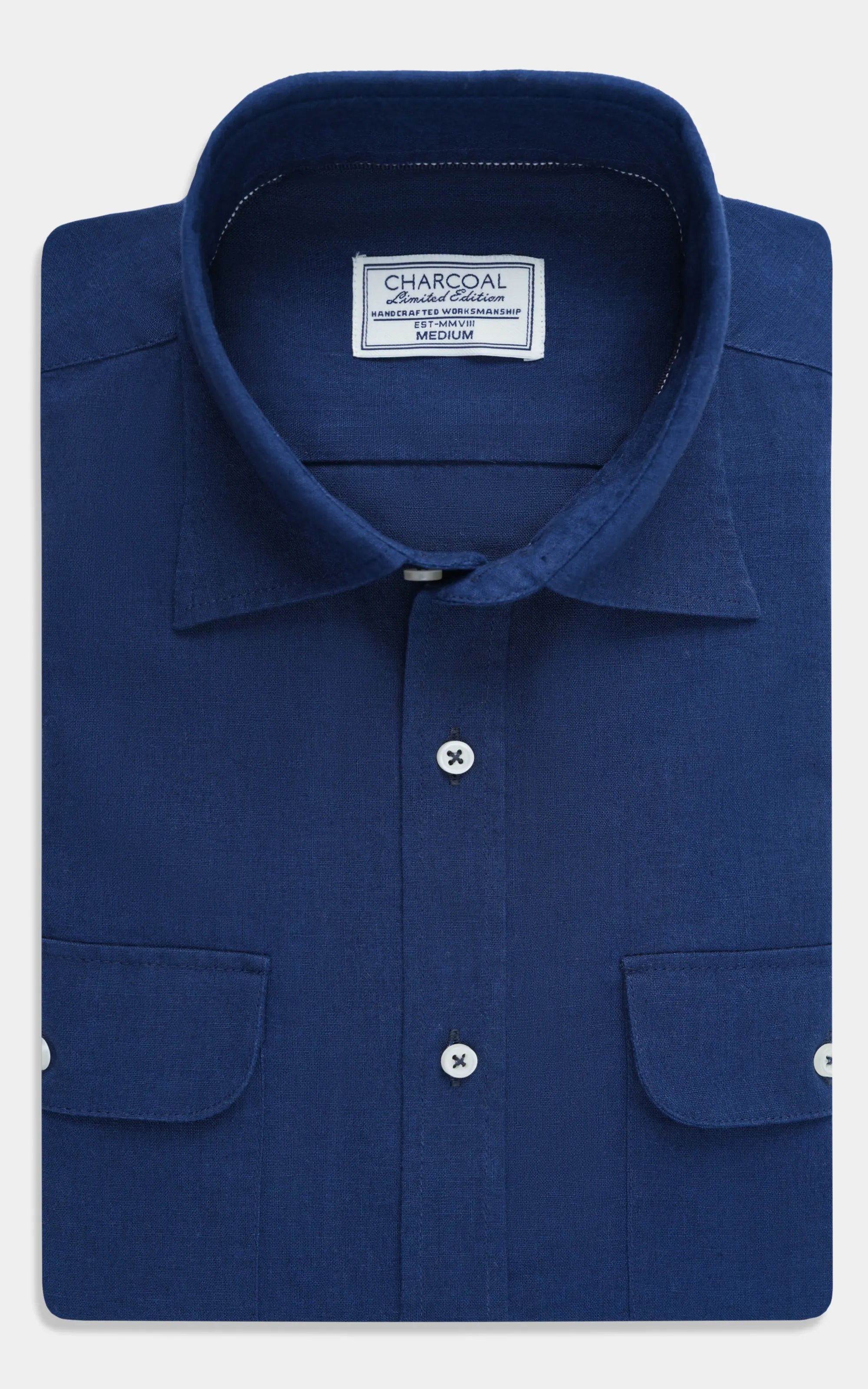 Navy linen button-up shirt with classic collar, chest pockets, and front placket