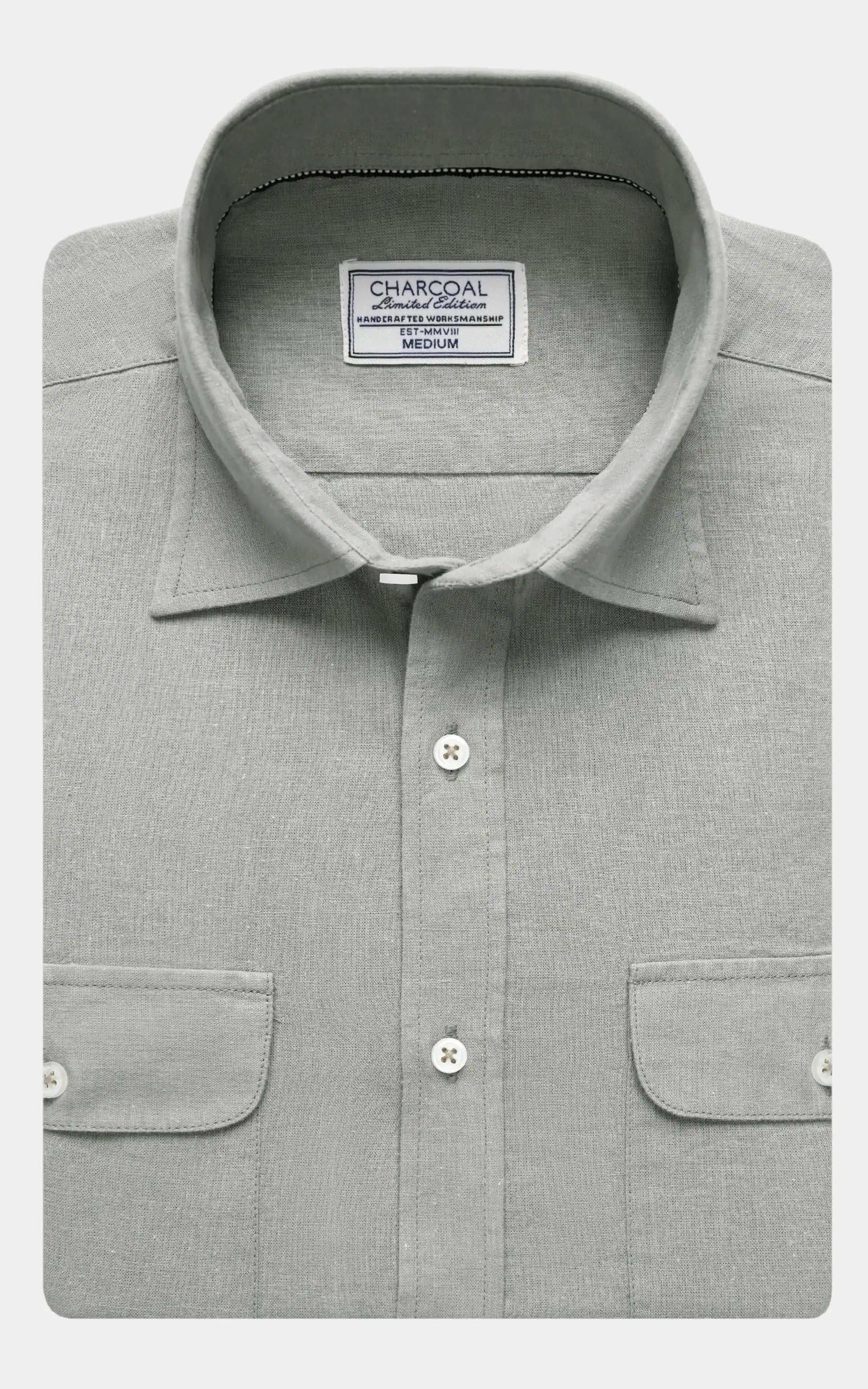 Light olive linen button-up shirt with classic collar and chest pockets