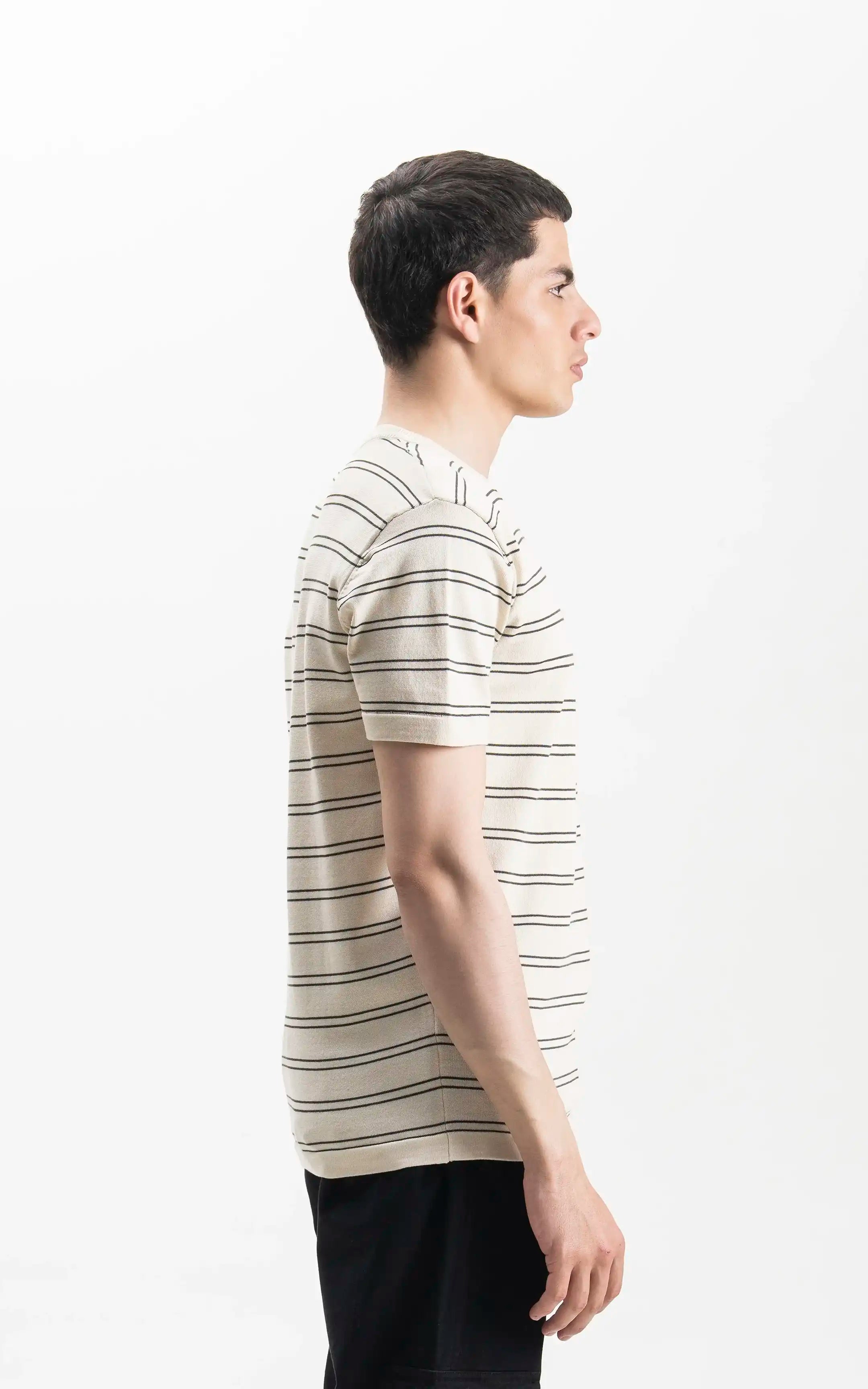 CREW NECK SWEATER KNIT HORIZONTAL STRIPED T-SHIRT BEIGE