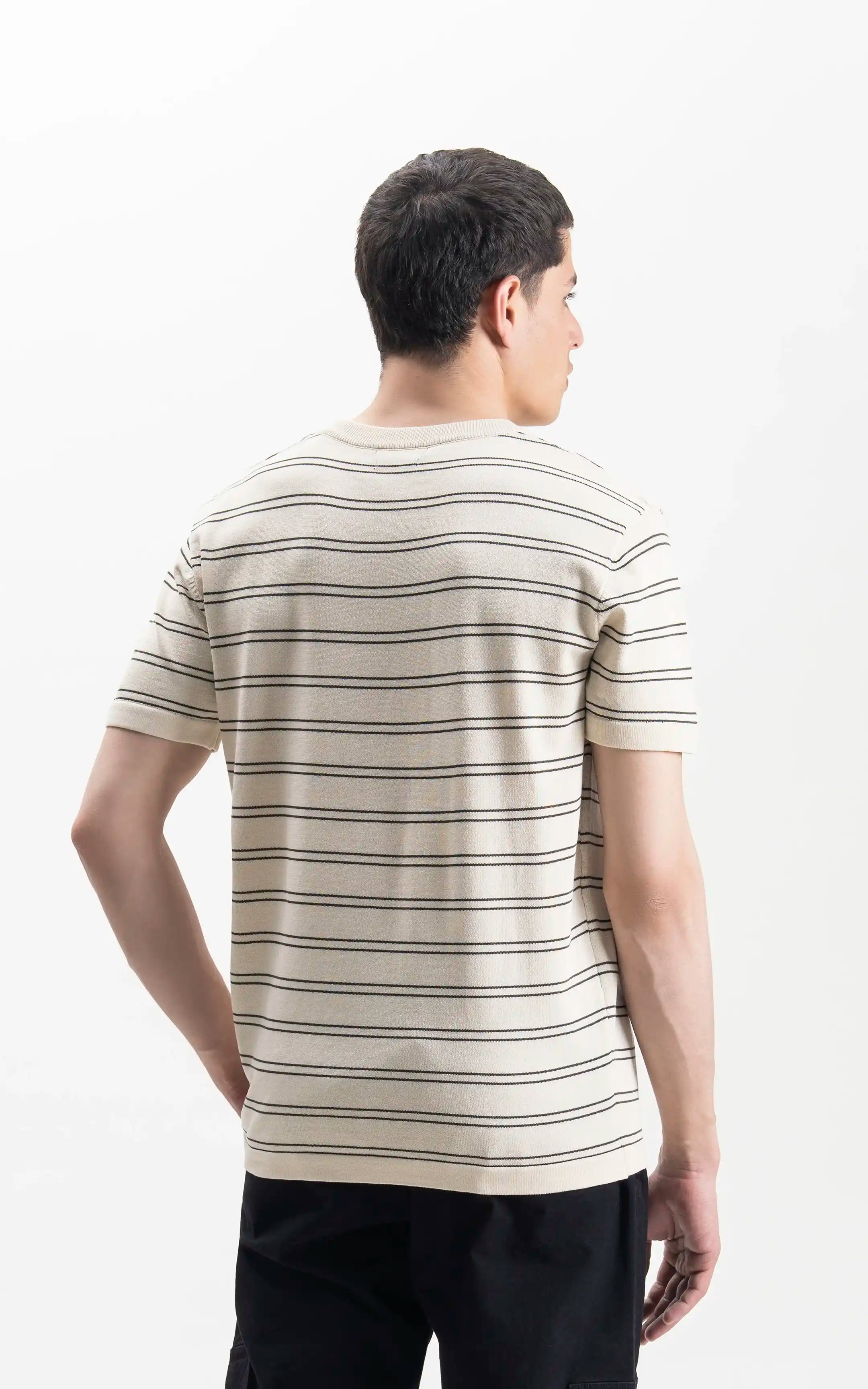 CREW NECK SWEATER KNIT HORIZONTAL STRIPED T-SHIRT BEIGE