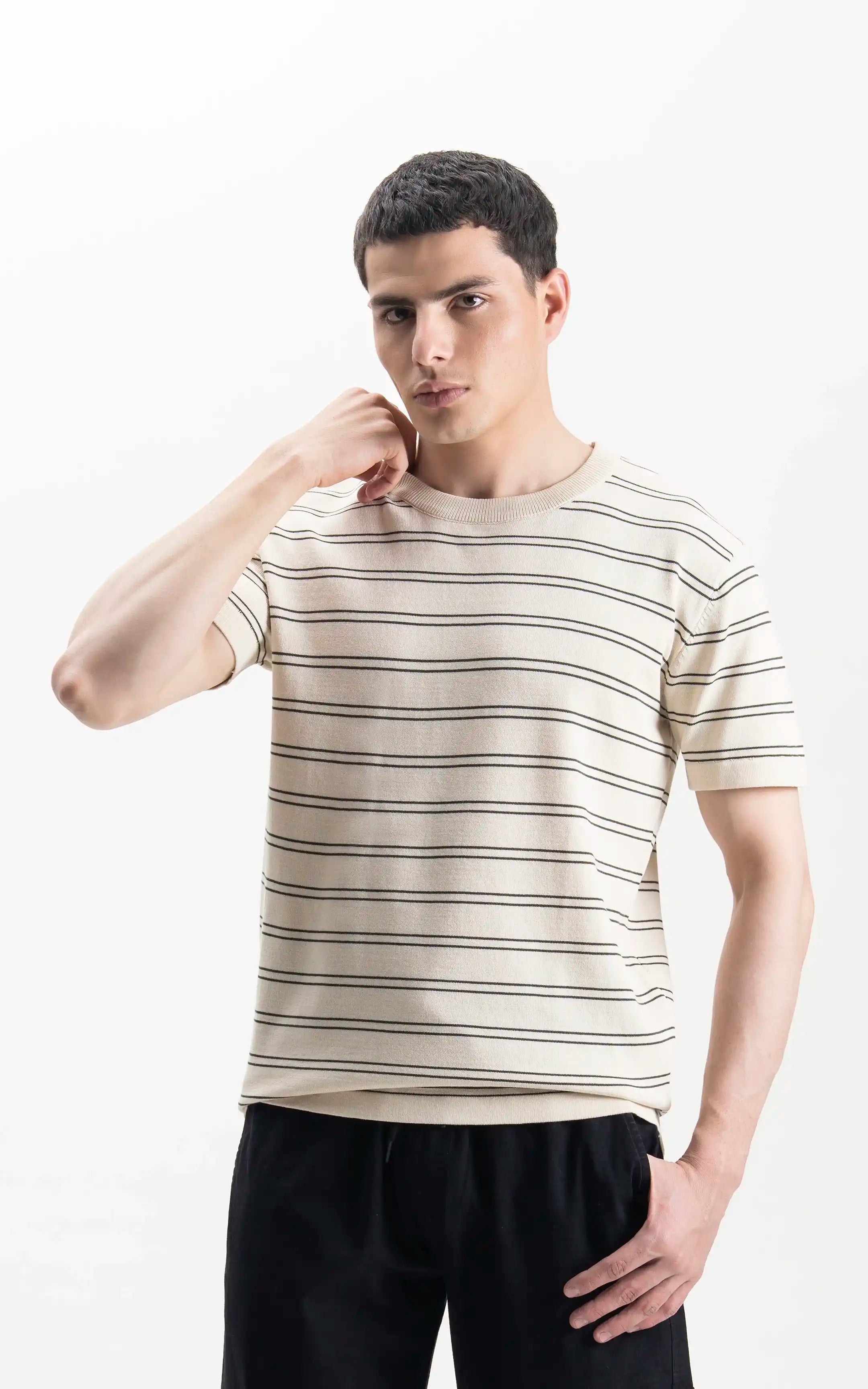 CREW NECK SWEATER KNIT HORIZONTAL STRIPED T-SHIRT BEIGE